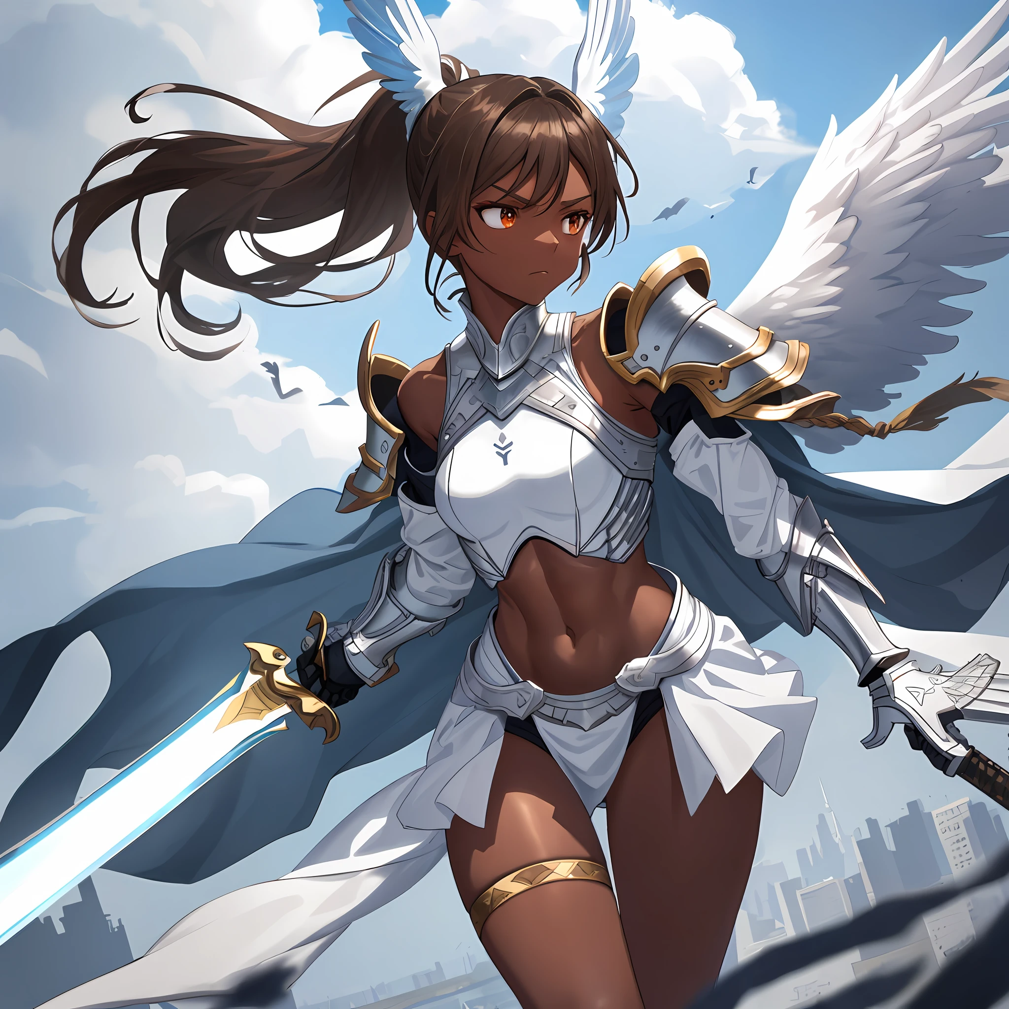 fantasy, 1angel_girl, low_, brown_hair, ponytail,long_bangs, (dark_skin)+, bare_shoulder, navel, thigh,silver_shiny_armor, white_clothes,waist_armor, grebe, hold_shiny_swords, medium_ breasts, angry, dynamic_pose_fighting,floating, abs,(1pair_white_wings,pelvic_curtain)++, headgear ,city_sky_background,slightly_spread_legs, multiple_shiny_swords_floating_ around_the_girl