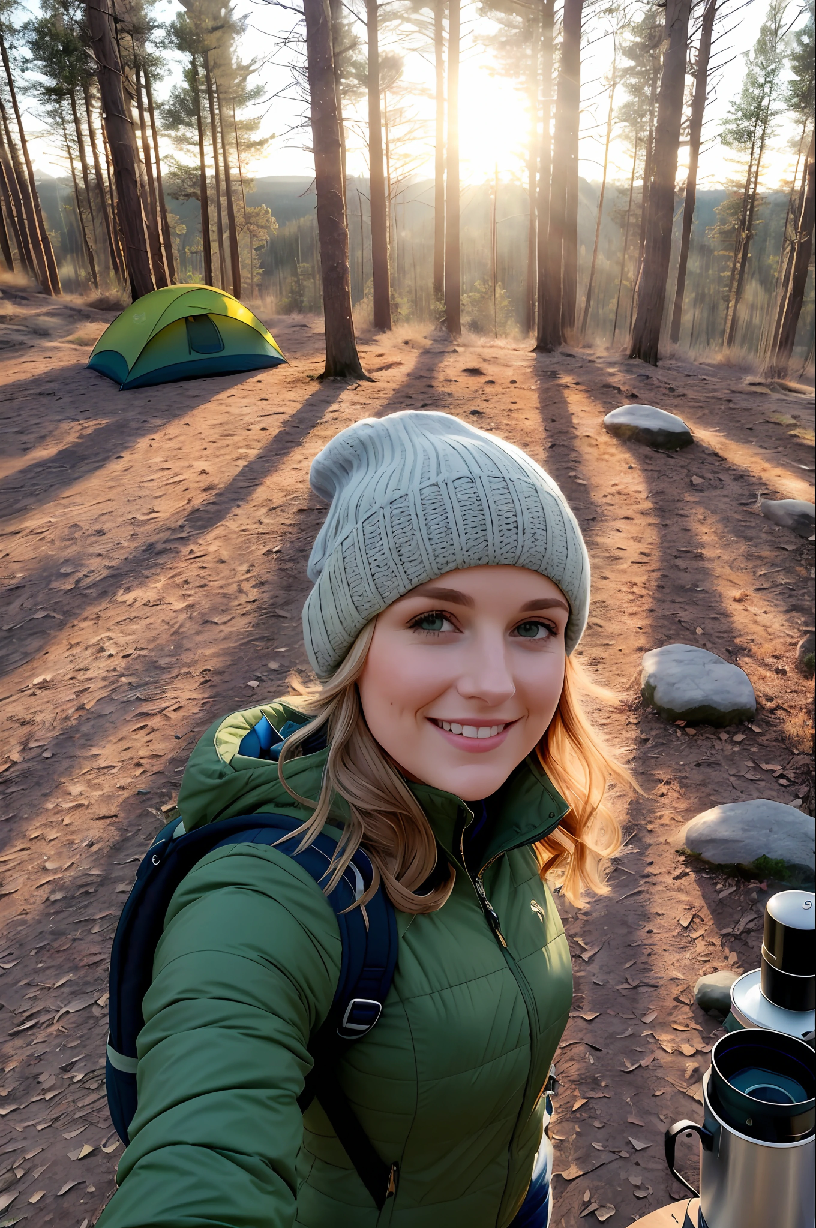 1 woman ((upper body selfie, happy)), masterpiece, best quality, ultra-detailed, earth, outdoor, (night), nature, (stars, moon) cheerful, happy, backpack, sleep bag, camping stove, water bottle, mountain boots, gloves, sweater, hat, lantern, forest, stones, river, wood, smoke, shadows, contrast, clear sky, style, (warm shade, warm tone)