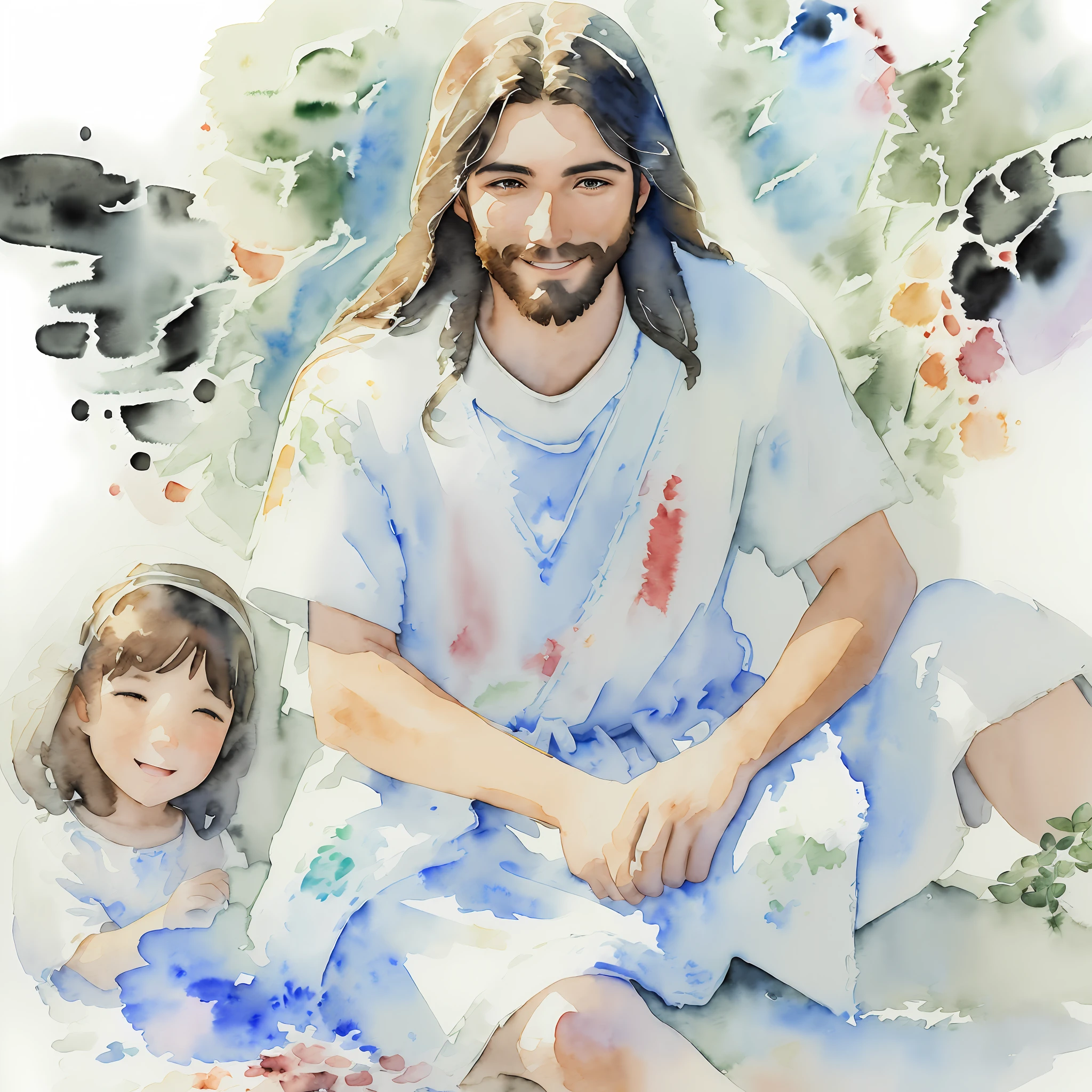 Jesus Christ (adult man) beautiful smiling (((biblico)), sitting on the floor of a garden, surrounded by children ((white, black and Asian)) admiring him (beautiful photograph inspiring and bringing peace) high quality of image and detail (((watercolor style))) --auto --s2