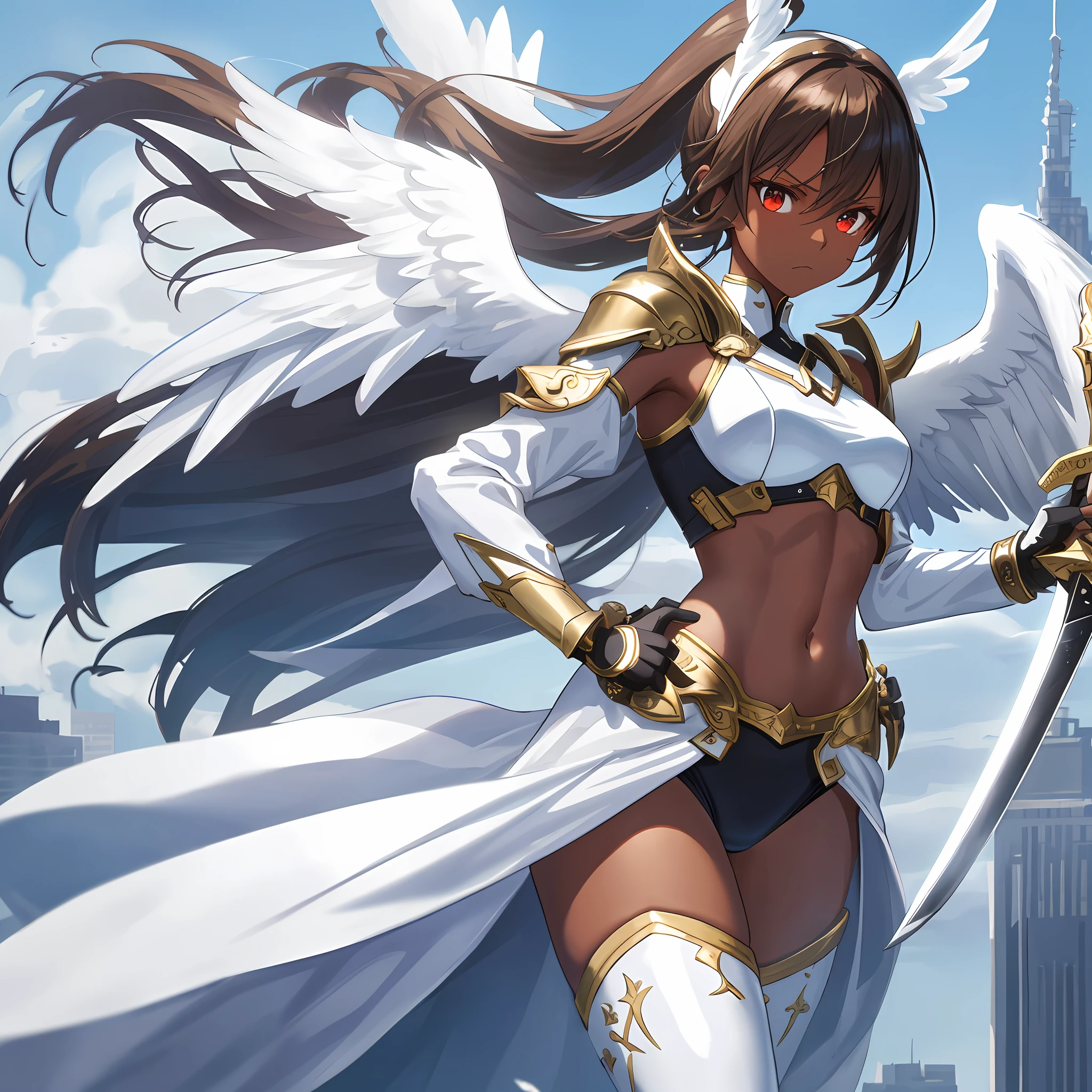 fantasy, 1angel_girl, low_, brown_hair, ponytail,long_bangs, (dark_skin)+, bare_shoulder, navel, thigh,silver_shiny_armor, white_clothes,waist_armor, grebe, hold_shiny_swords, medium_ breasts, angry, dynamic_pose_fighting,floating, abs,(1pair_white_wings,pelvic_curtain)++, headgear ,city_sky_background,slightly_spread_legs, multiple_shiny_swords_floating_ around_the_girl