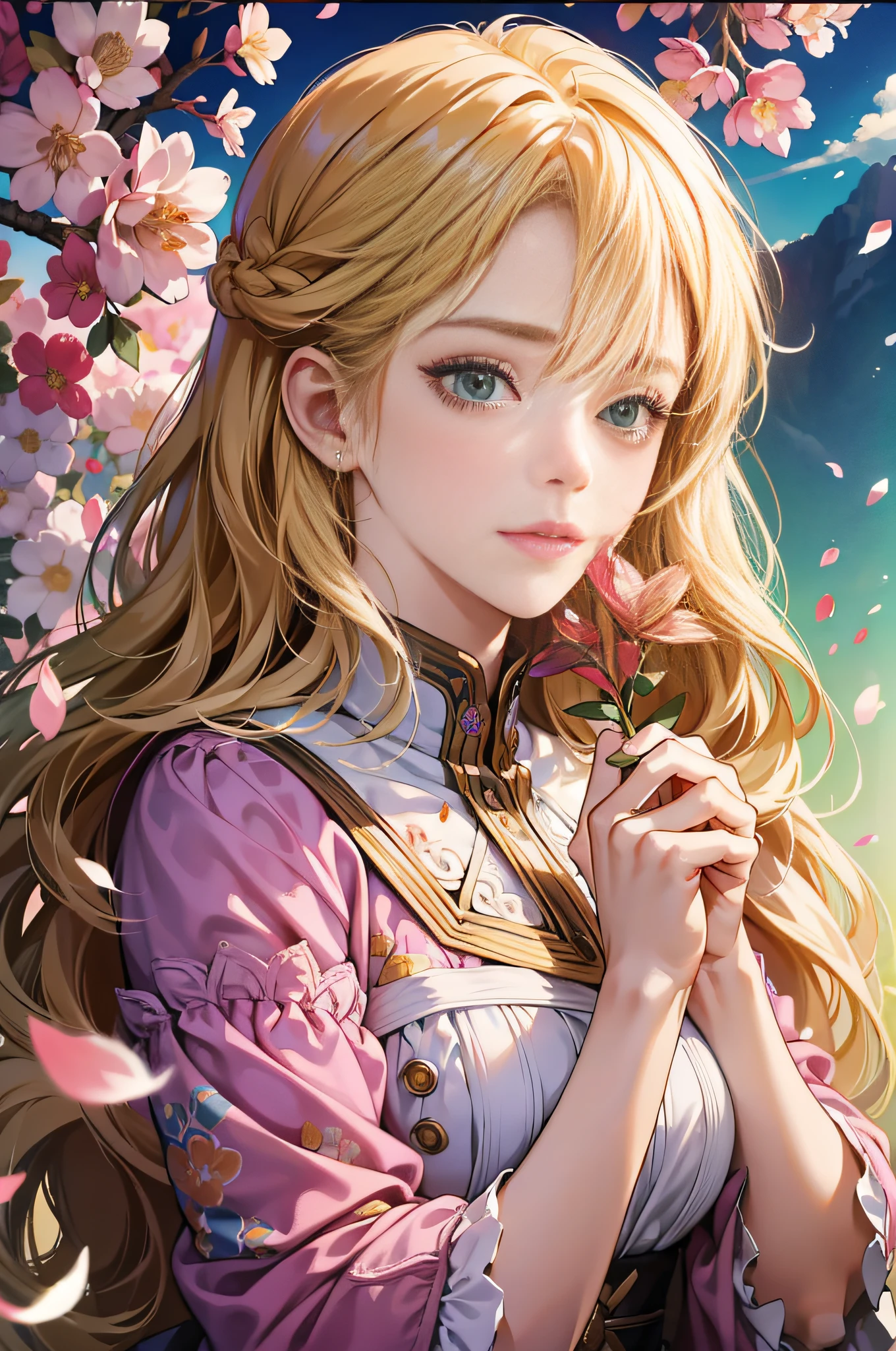 (absurdres, highres, ultra detailed), 1girl, mature female, wavy blonde hair, long hair, blunt bangs, green eyes, pink dress, finely detailed eyes and detailed face, extremely detailed CG unity 8k wallpaper, intricate details, BREAK , kaleidoscopic imagery, symmetrical patterns, vibrant colors, geometric shapes, mesmerizing designs, optical illusions, dynamic composition BREAK , pantomime art, expressive body language, silent storytelling, evocative gestures, visual narratives, theatrical performances BREAK , blooming flowers, colorful petals, fragrant scents, nature's bounty, vibrant gardens, peaceful scenery