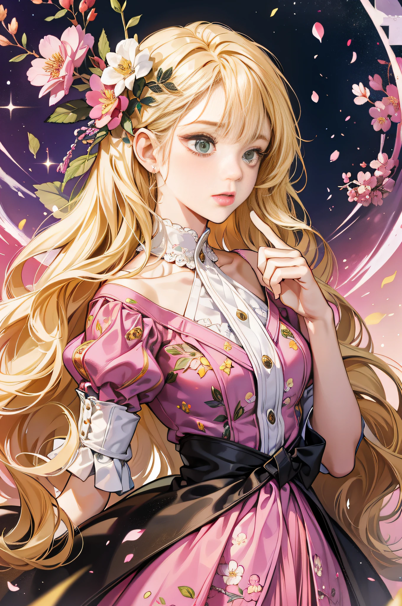 (absurdres, highres, ultra detailed), 1girl, mature female, wavy blonde hair, long hair, blunt bangs, green eyes, pink dress, finely detailed eyes and detailed face, extremely detailed CG unity 8k wallpaper, intricate details, BREAK , kaleidoscopic imagery, symmetrical patterns, vibrant colors, geometric shapes, mesmerizing designs, optical illusions, dynamic composition BREAK , pantomime art, expressive body language, silent storytelling, evocative gestures, visual narratives, theatrical performances BREAK , blooming flowers, colorful petals, fragrant scents, nature's bounty, vibrant gardens, peaceful scenery