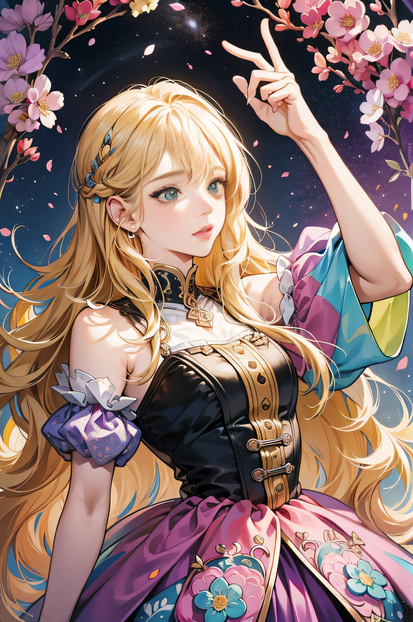 (absurdres, highres, ultra detailed), 1girl, mature female, wavy blonde hair, long hair, blunt bangs, green eyes, pink dress, finely detailed eyes and detailed face, extremely detailed CG unity 8k wallpaper, intricate details, BREAK , kaleidoscopic imagery, symmetrical patterns, vibrant colors, geometric shapes, mesmerizing designs, optical illusions, dynamic composition BREAK , pantomime art, expressive body language, silent storytelling, evocative gestures, visual narratives, theatrical performances BREAK , blooming flowers, colorful petals, fragrant scents, nature's bounty, vibrant gardens, peaceful scenery