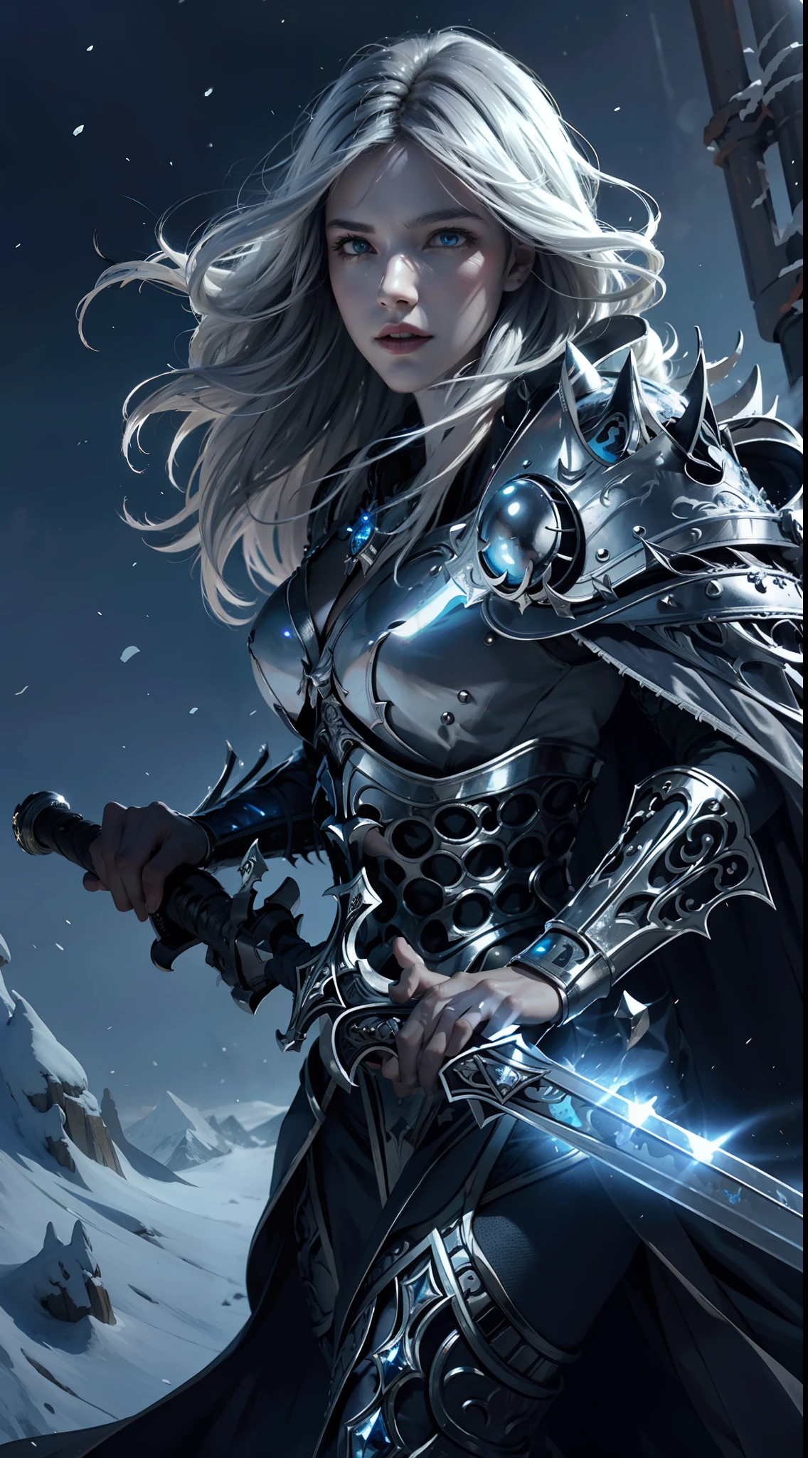 8k,ultra detailed, masterpiece, best quality, (extremely detailed), dynamic angle, Mysterious expression, wind effect, fantasy background, rim lighting, cinematic light, ultra high res, 8k uhd, film grain,best shadow, delicate, RAW, light particles, detailed skin texture, detailed armor texture, detailed face, intricate details, ultra detailed, bright, strong, silver armor, (holding sword), slashing, slash action, pauldrons, glowing eyes, long cape, fantasy, (realistic), shoulder armor, complex, intricate, perfect lighting, looking at viewer, cinematic lighting, flying in sky,flying, holy light, vivid, bangs, windy, frozen mountains, long white wavy hair, lich queen