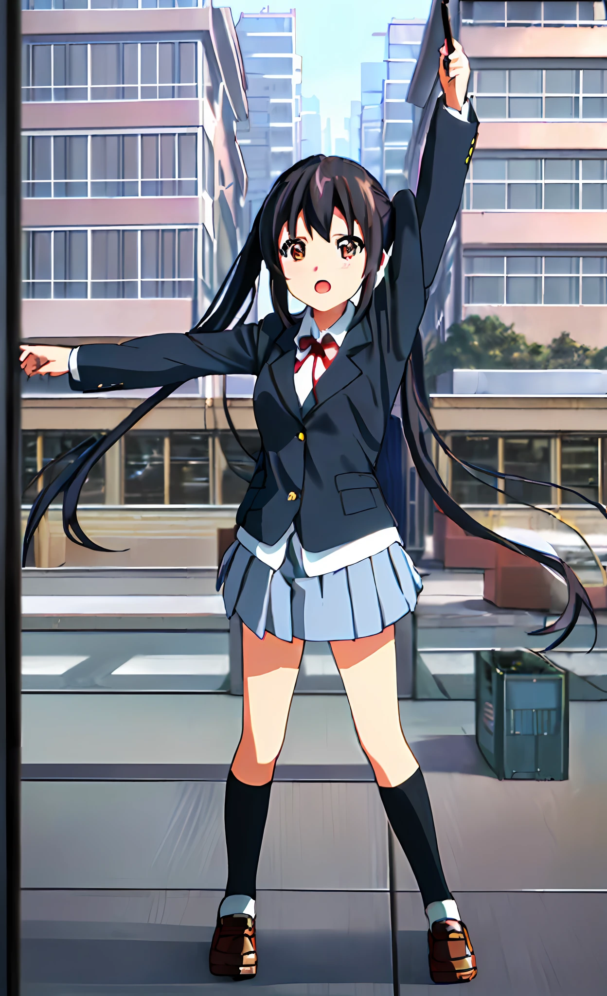 1girl, ((((Masterpiece))), Best Quality, Best Quality, High Detail, Azusa Nakano, 1girl, Sakuragaoka High School Uniform, Musical Instrument, School Uniform, Twin Tails, Long Hair, Black Hair, Brown Eyes, Solo, Red, Dark blue blazer with a thin ribbon of red, Solid white button shirt under blazer, Illustration, Cartoon, Soothing tones, Muted colors, Soft cinematic light, Adobe Lightroom, Photo Lab, HDR, complex and highly detailed, (((depth of field))))). (((Masterpiece))). (((highest quality))).) ((super detail))). (((Illustration))). (((Outside))). (((fighting stance))).,((((Giantization))).dynamic focus.small breasts. (((skyscrapers))). (((Cityscape))). (((Face of sadness))). Open mouth. Spread arms, hands do not hold anything,