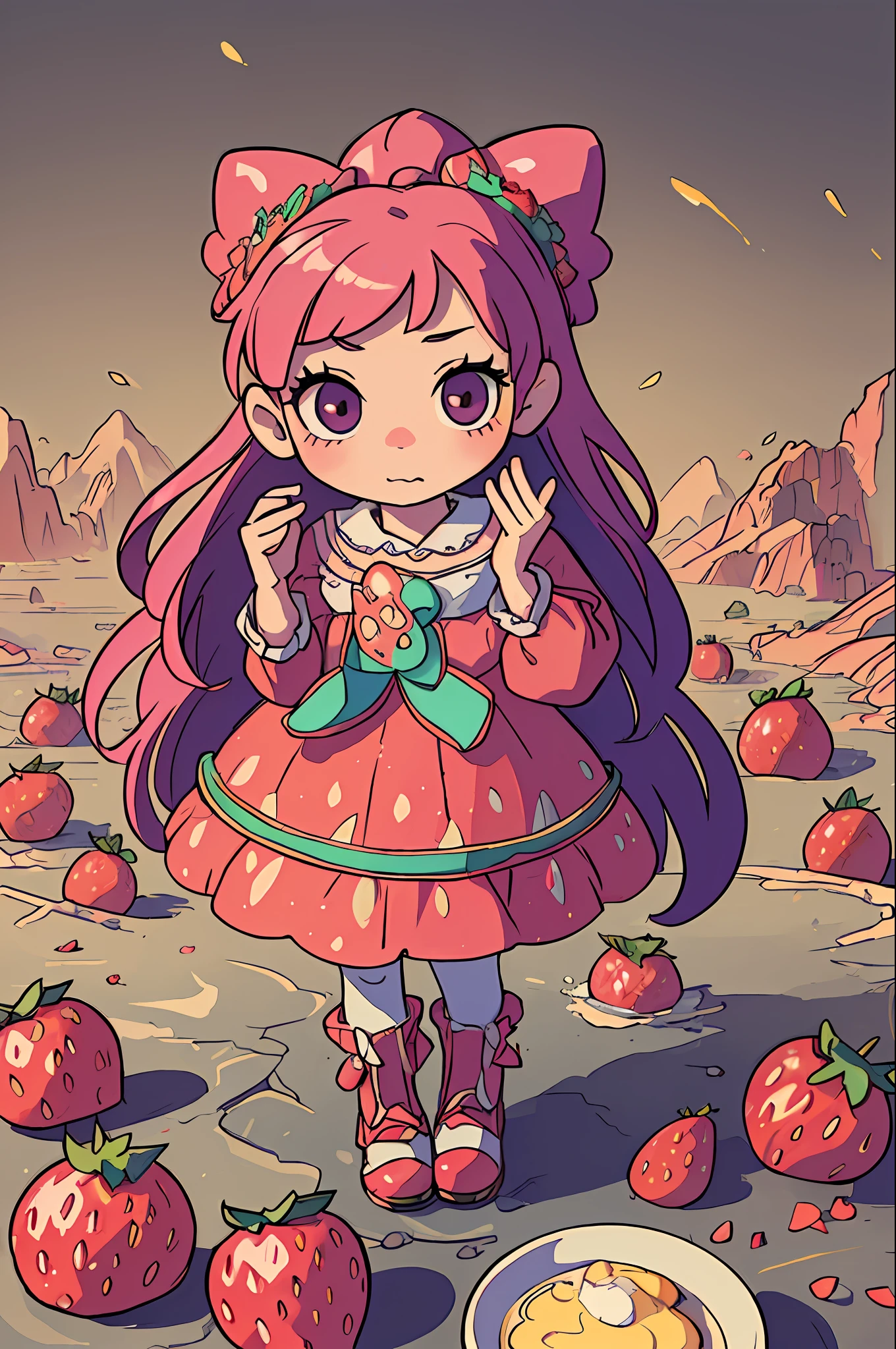 ( Absurd , High quality , ultra detailed, masterpiece, concept art, smooth, highly detailed artwork, hyper realistic painting ) ,  girl , strawberry shortcake character, cute , whole body , Romantic , Vivid