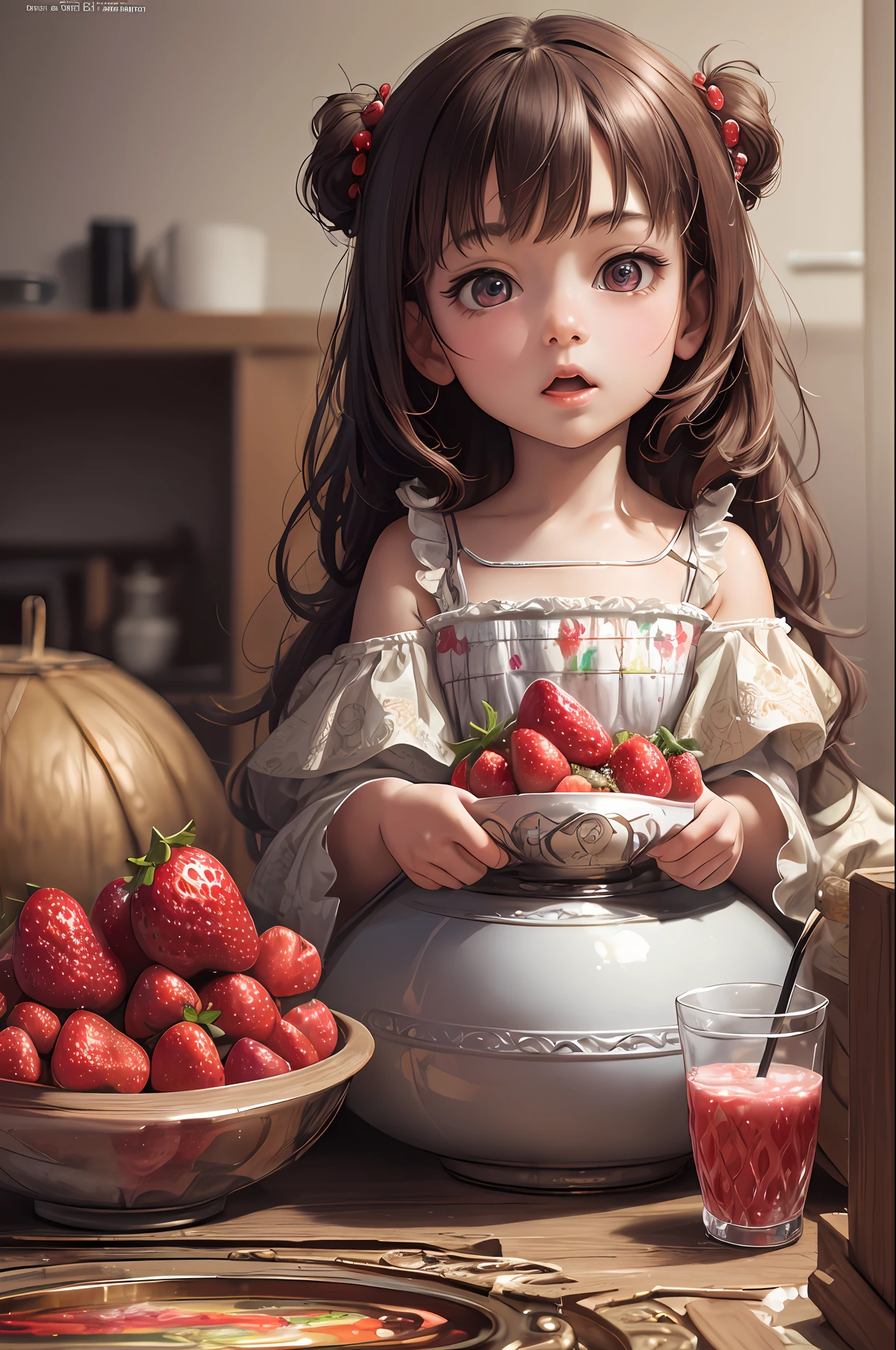 ( Absurd , High quality , ultra detailed, masterpiece, concept art, smooth, highly detailed artwork, hyper realistic painting ) ,  girl , strawberry shortcake character, cute , whole body , Romantic , Vivid