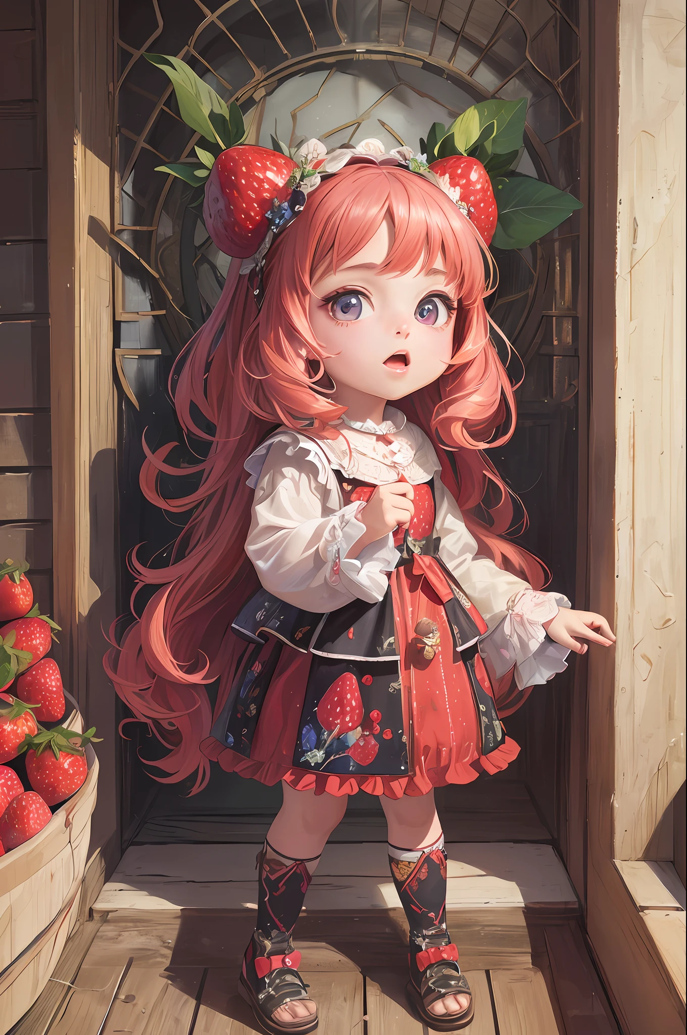 ( Absurd , High quality , ultra detailed, masterpiece, concept art, smooth, highly detailed artwork, hyper realistic painting ) , , strawberry shortcake character, cute , whole body , Romantic , Vivid