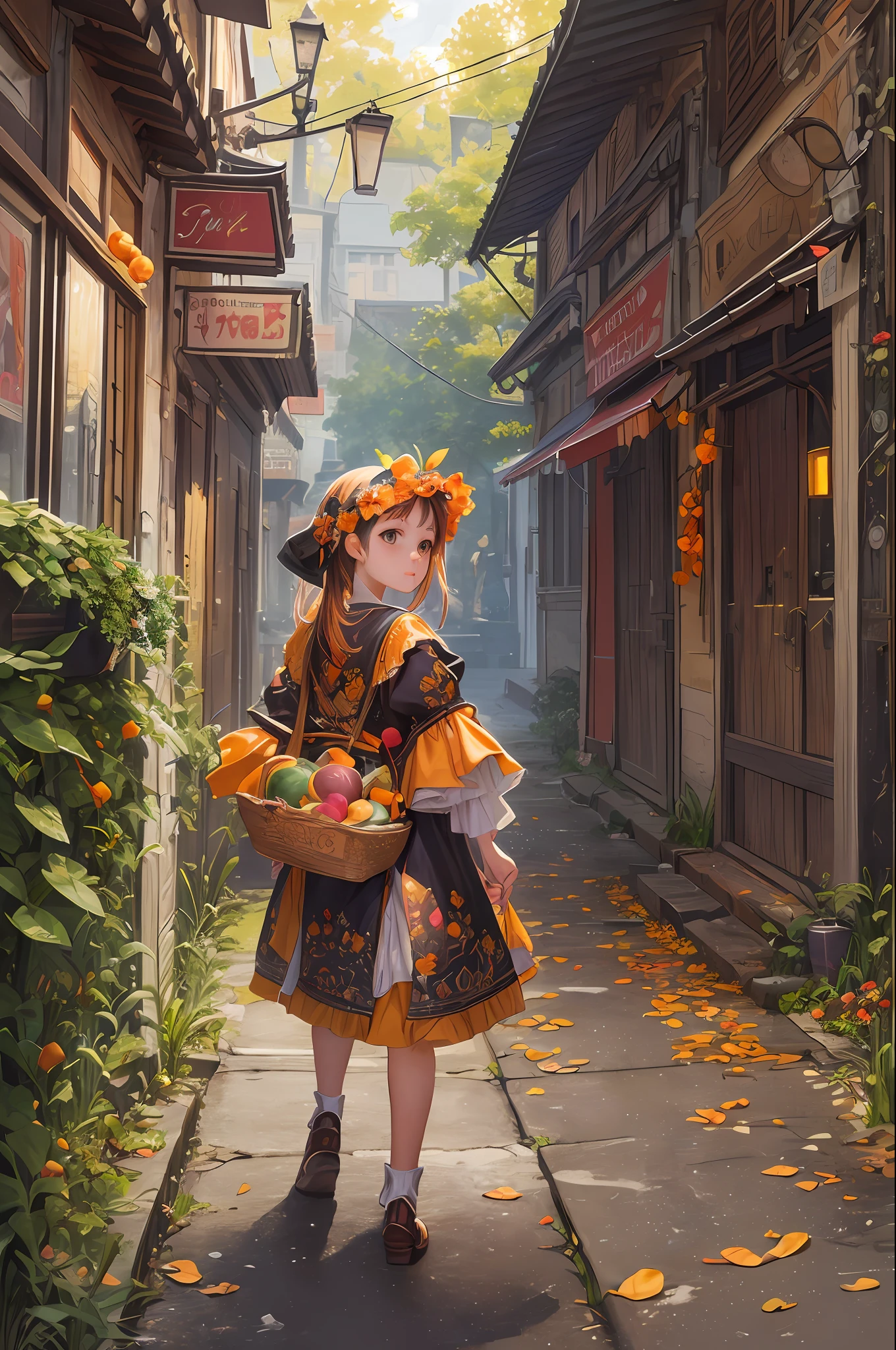 ( Absurd , High quality , ultra detailed, masterpiece, concept art, smooth, highly detailed artwork, hyper realistic painting ) , Dreamy , Romantic , Vivid, girl , orange fruit , orange blossom character, cute , whole body ,