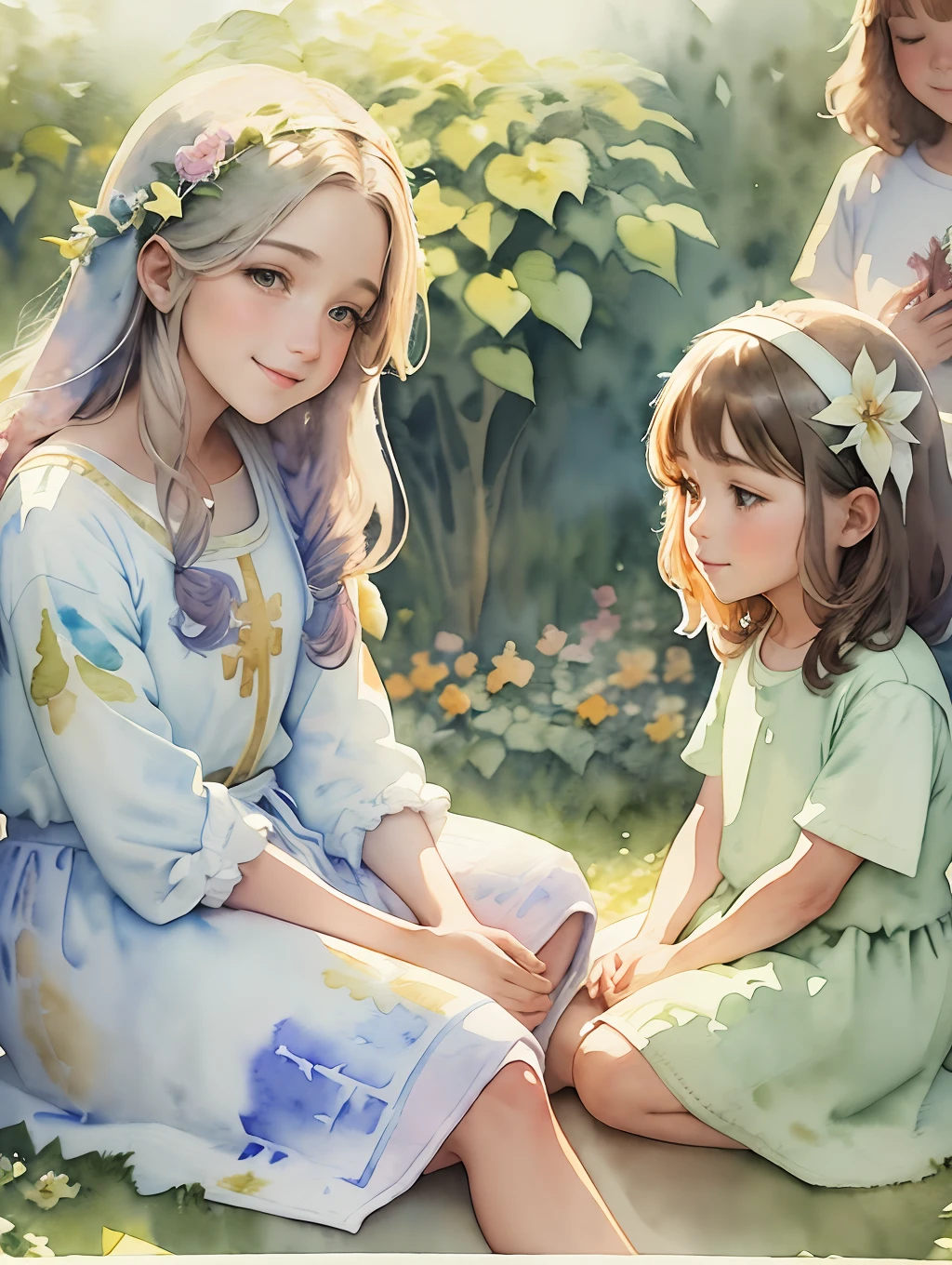 Jesus Christ beautiful smiling ((( biblico)), sitting on the floor of a garden, surrounded by children admiring him (beautiful photograph inspiring and bringing peace) high quality of image and detail (((watercolor style))) --auto --s2