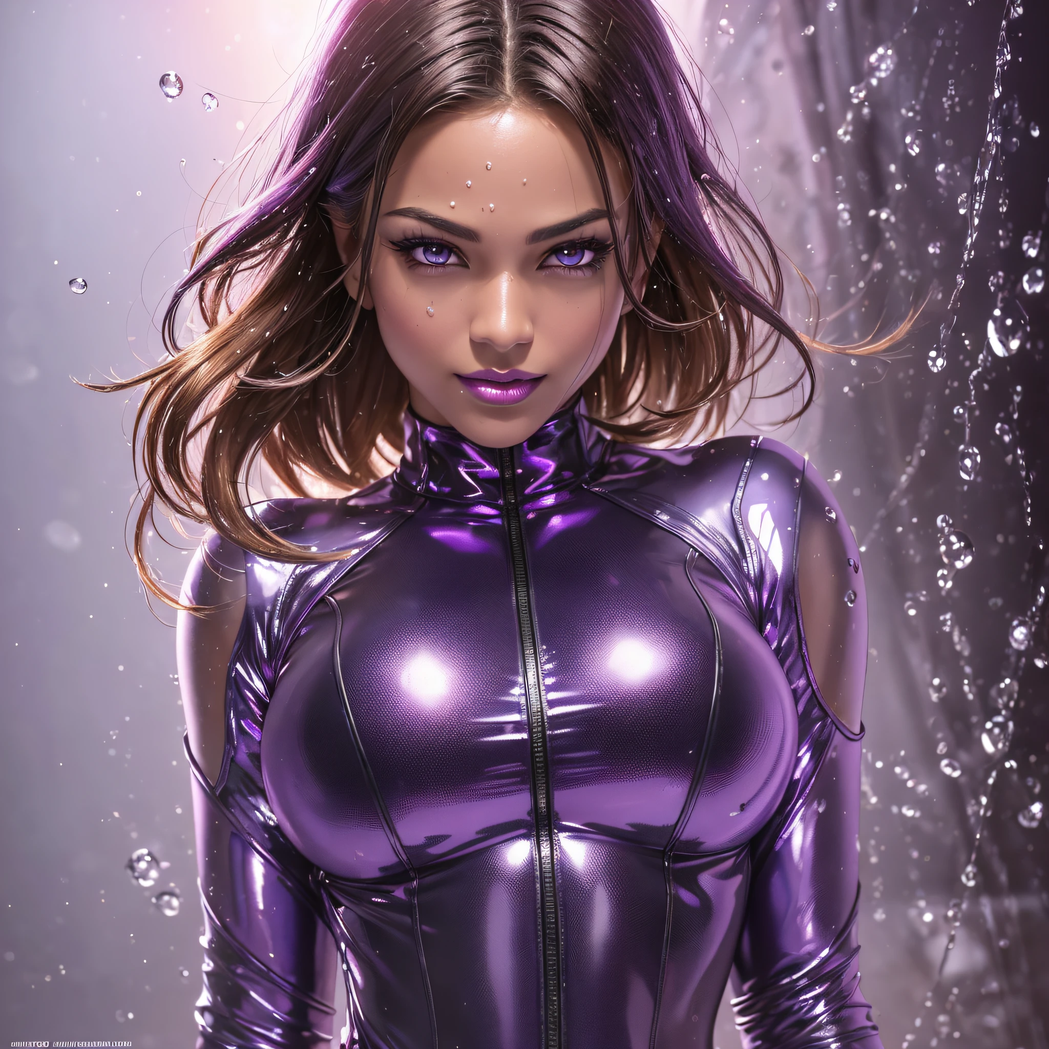 (high resolution,masterpiece, ultra best quality, insanely amazing hyper fine extremely detailed, official:1.4), realistic, photo, details, all intricate, gloss and shiny,awesome many layers, intense shadow, 8k wall paper, 3d, sketch, kawaii, Unique Artistic favorite Creative illustrations, high contrast, delicate composition, cinematic lighting, perfect anatomy, accurate describe shapes, thorough and precise, beautiful detailed glow, ( solo:1.4), perfect female proportion, ideal ratio body proportions, glamorous proportion, toned female, abs, muscular, depth of field, detailed seductive eyes, gleaming skin, oily skin, villainess, dark heroine, clothes reflecting light, extremely shiny clothes, extremely wrinkled shiny fabric, pink neon trim, (extremely wrinkled shiny clothes reflecting light)+, fusion of satin and latex fabric ,skin fit,( purple lips, erotic lips, purple eye shadow:1.2), dark heroine outfit, extremely shiny fabric, gleaming skin, muscular-, sweat, wet, glamorous perfect female proportion, captivating smile, detailed surface texture, (shiny Rubber and PVC Vinyl Skin Tight materials fabric)++, wet+++, summer vacation, gal, mahogany colored dark skin, short hair, (blond hair:1.2), purple streak hair, gleaming skin+, evil smile, wet oily skin+, micro bikini, sweat, submerged in water, sea background, purple lips, erotic lips, purple eye shadow, dark heroine outfit, muscular-, sweat, wet, glamorous perfect female proportion, captivating smile, hyper-realistic, (photo-realistic:1.4), realistic,HDR, physically-based rendering, --auto --s2