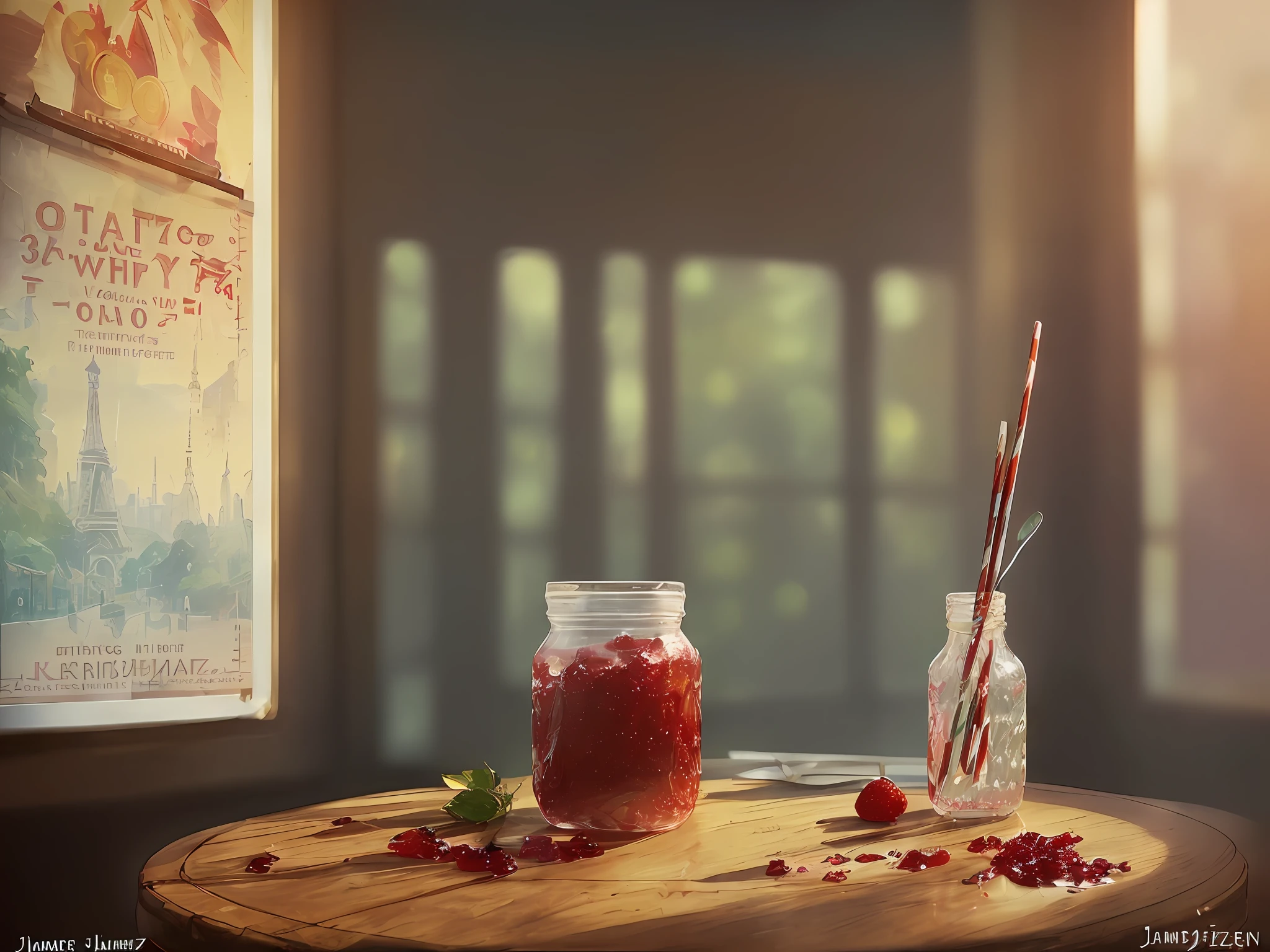 ((half empty three-liter jar of Strawberry jam)), jar is stained with jam, (poster:1.6), (((jam spray))), paris Eiffel Tower, (((clots of jam on the table))), close up, window,
(((jam flowing down the sides of the jar onto the table))), spoon on the table stained with jam, (((pre-revolutionary Russian style)))
intricately detailed, fine details, hyperdetailed, raytracing, subsurface scattering, diffused soft lighting, shallow depth of field, Intricate, High Detail, Sharp focus bokeh,
((((art by James Jeam, art by krenz cushart))))