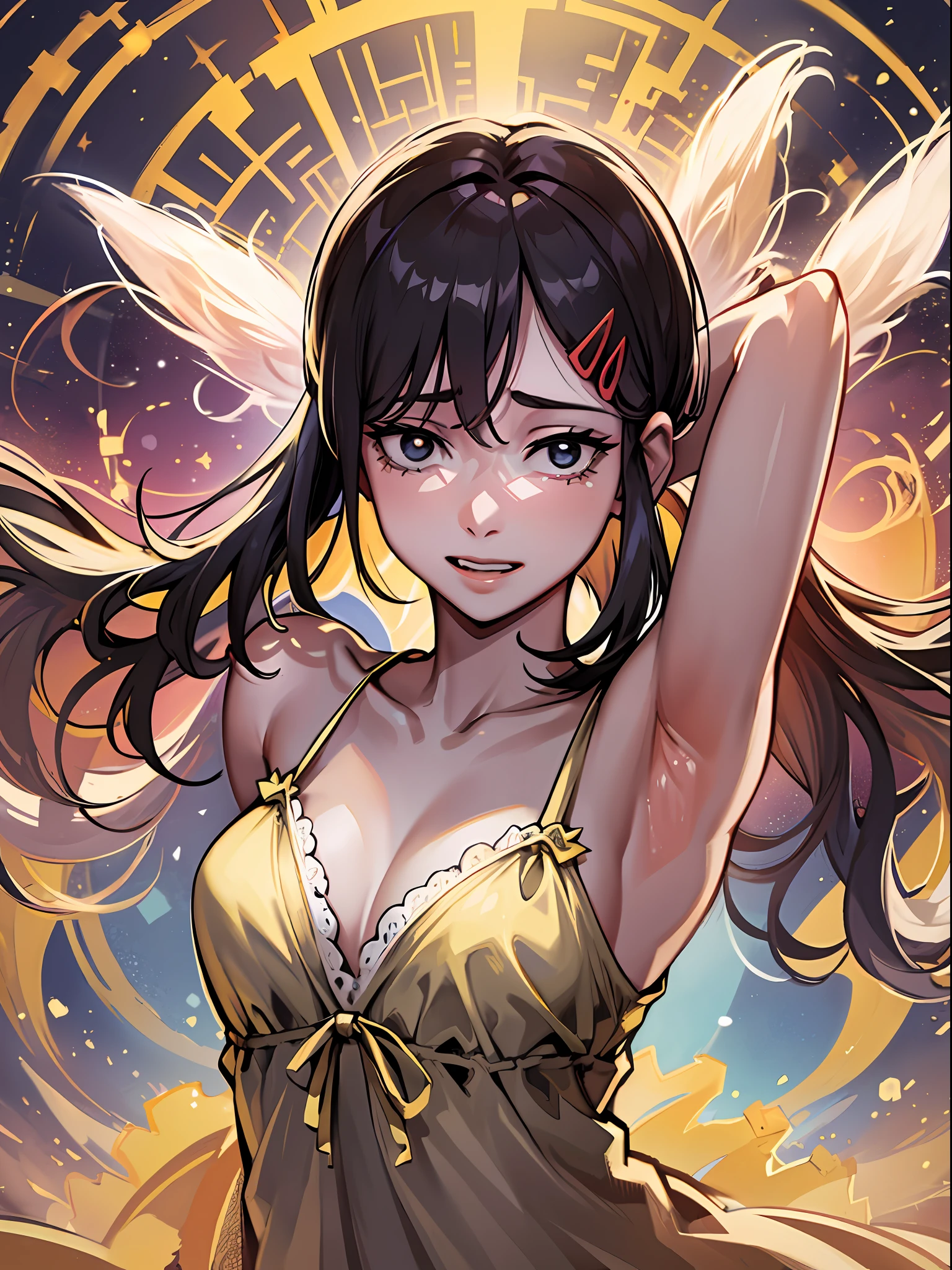 Excellent, masterpiece, upper body, (adult: 1.6), (giggle: 0.4), arms behind the head, sparkling eyes, Victorian sun dress, floating light particles, centered,