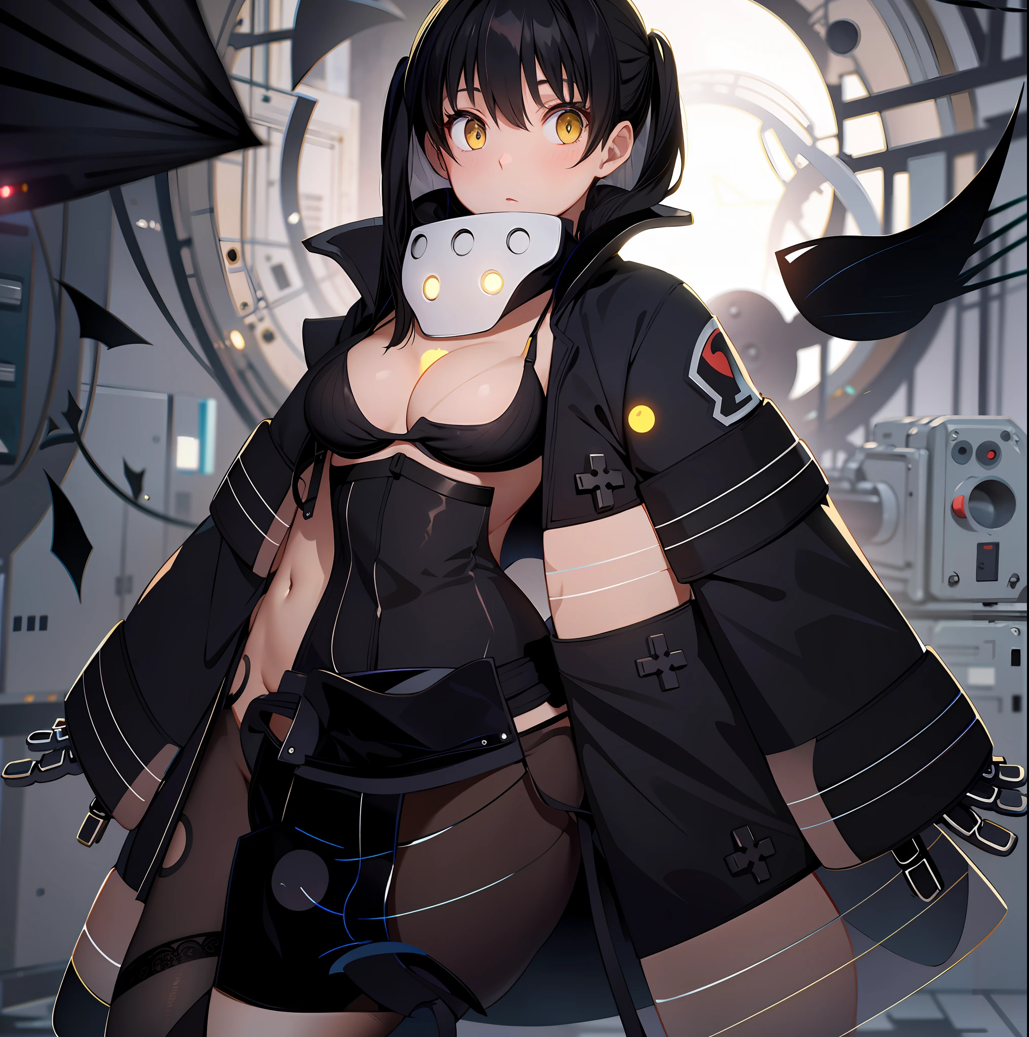 absurd res, high res, (masterpiece:1.4), ultra-detailed, 1girl, from front, space, floating, black dress, black dress, stockings, black hair,  heart shape eyes, yellow eyes, garter belt, yandere