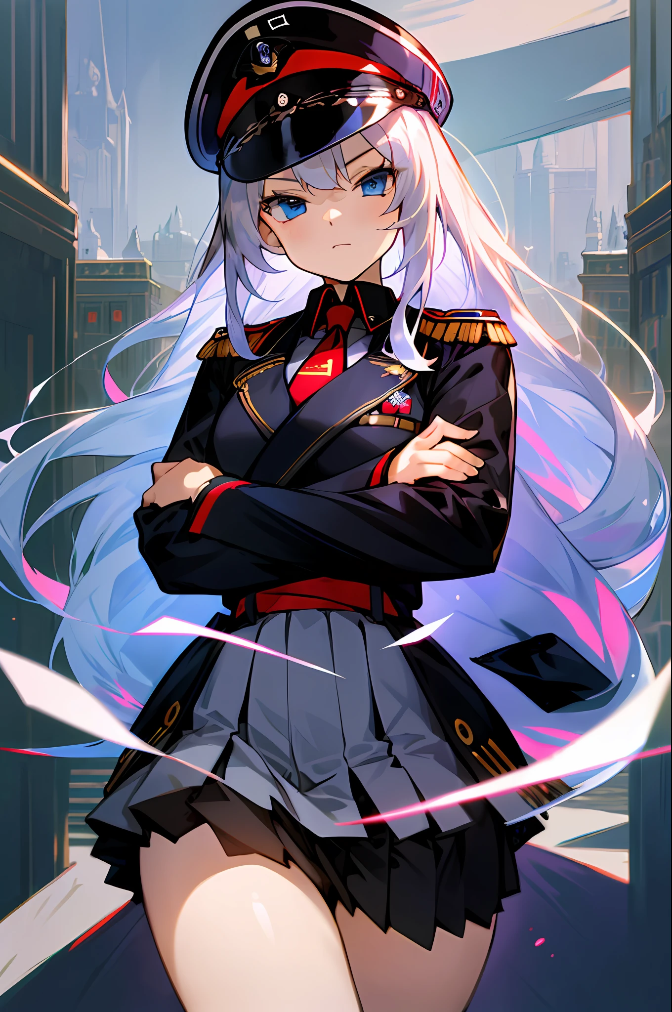 masterpiece,1girl,solo,silver hair,long hair,blue eyes,straight hair,tsurime,((military or naval uniform:1.3)),epaulette, hair ribbon,black jacket,peaked cap,red necktie,Whiteshirt,pleats skirt,miniskirt,boots,crossed arms,((close to viewer)),City,