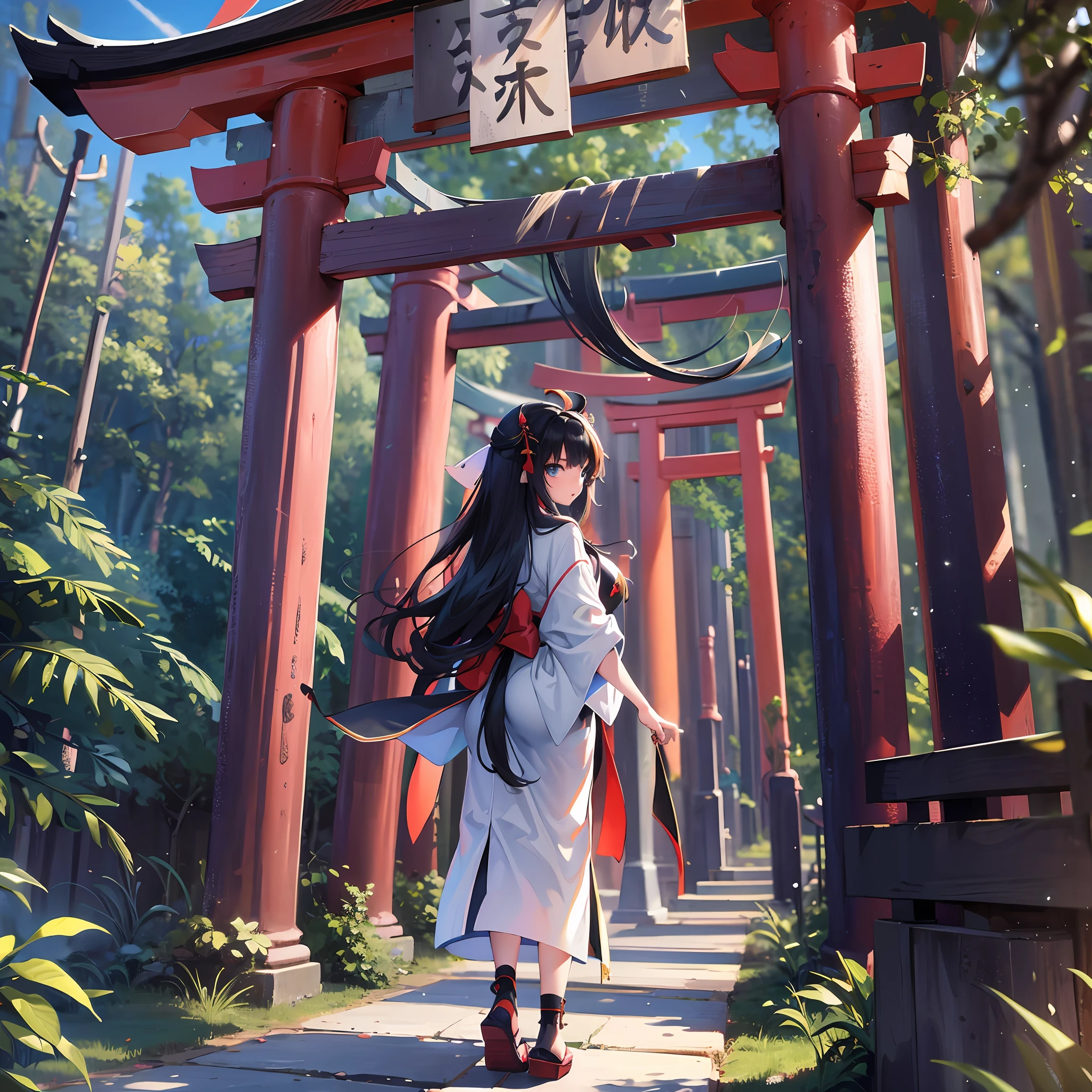 shrine torii, girl, black long hair, priestess, full body, night, looking back, sexy, cute, blue eyes --auto --s2