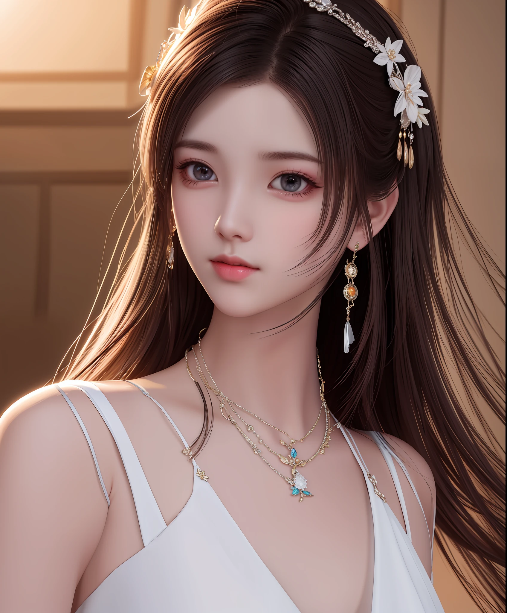 Best quality, masterpiece, high resolution, 1girl, porcelain dress, hair accessories, necklace, jewelry, beautiful face, on the body, Tyndall effect, realistic, dark studio, edge lighting, two-tone lighting, (high detail skin: 1.2), 8k UHD, dslr, soft light, high quality, volumetric light, candid, photo, high resolution, 4k, 8k, background blur,