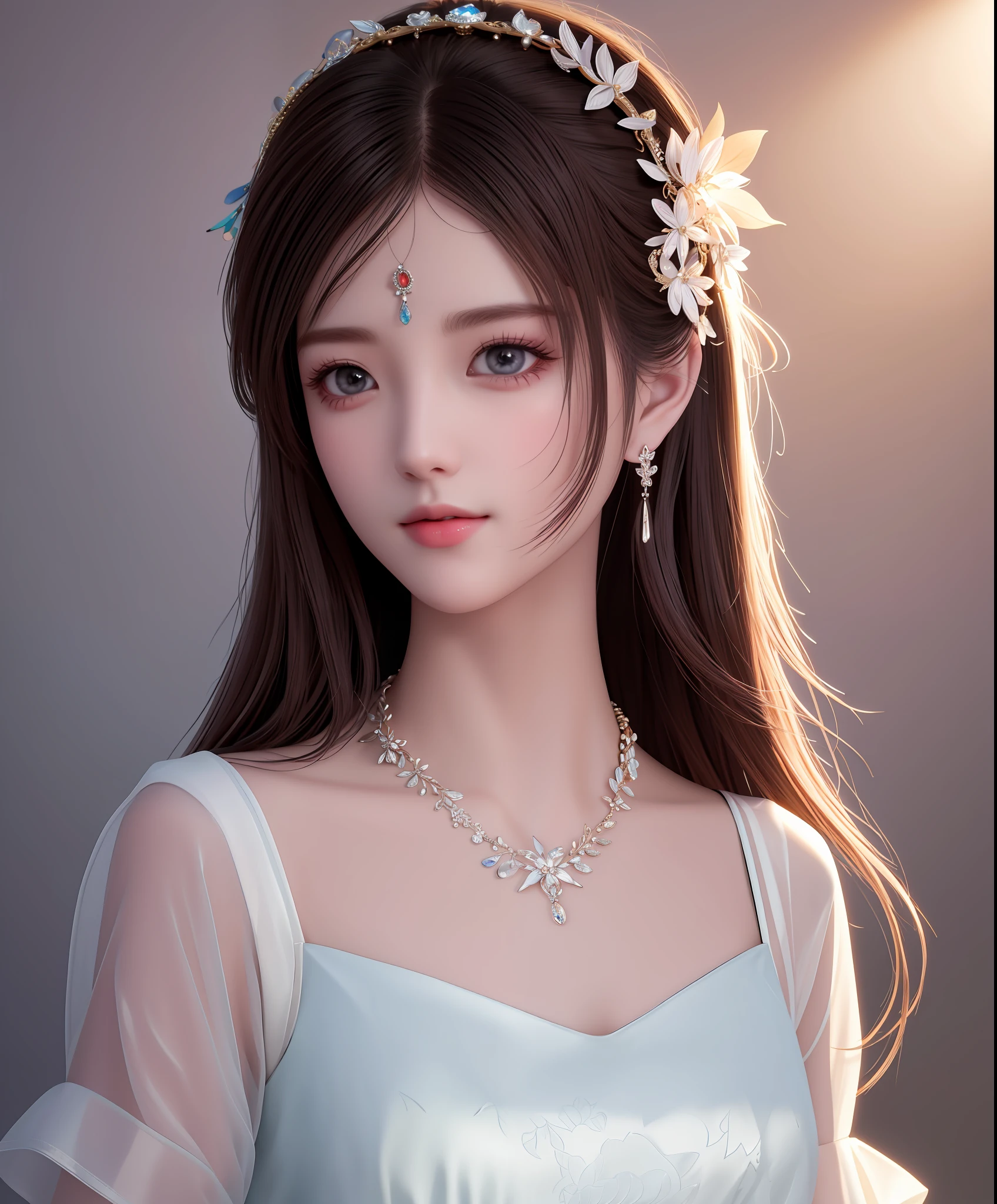 Best quality, masterpiece, high resolution, 1girl, porcelain dress, hair accessories, necklace, jewelry, beautiful face, on the body, Tyndall effect, realistic, dark studio, edge lighting, two-tone lighting, (high detail skin: 1.2), 8k UHD, dslr, soft light, high quality, volumetric light, candid, photo, high resolution, 4k, 8k, background blur,