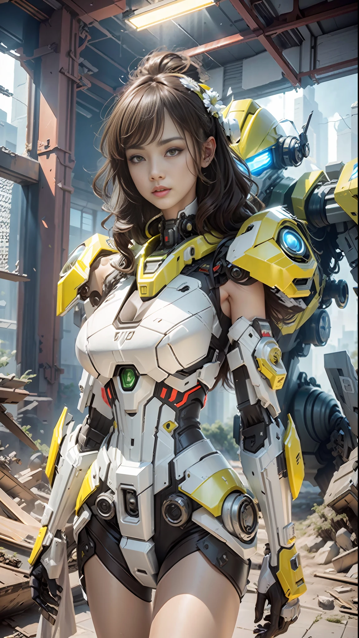 ((Best Quality)), ((Masterpiece)), (Very Detailed:1.3), 3D, Shitu-mecha, Beautiful cyberpunk woman with her mech in the ruins of a city in the forgotten war, ancient technology, HDR (High Dynamic Range), ray tracing, NVIDIA RTX, Super Resolution, Unreal 5, Subsurface scattering, PBR texture, Post processing, Anisotropic filtering, Depth of field, Maximum sharpness and sharpness, Multilayer texture, Albedo and highlight maps, Surface shading, Accurately simulate light-material interactions, perfect ratios, octane rendering, duotone lighting, low ISO, white balance, rule of thirds, wide aperture, 8K RAW, efficient sub-pixels, subpixel convolution, luminous particles, light scattering, tyndall effect, realistic sexy gravure idols