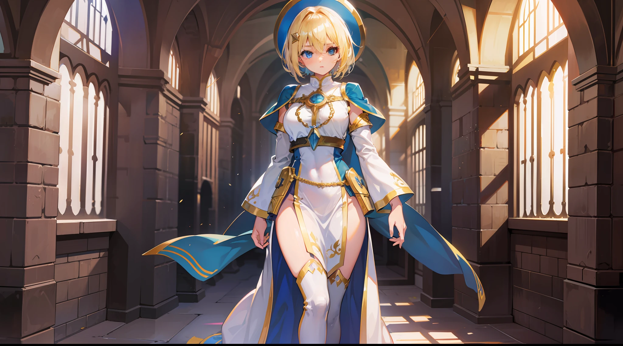 a girl, cleric, blonde, short hair, bright blue eyes, beautiful breasts, hair between eyes, bangs, full body, confident, heroic posture, fantasy, medieval, rays of sun