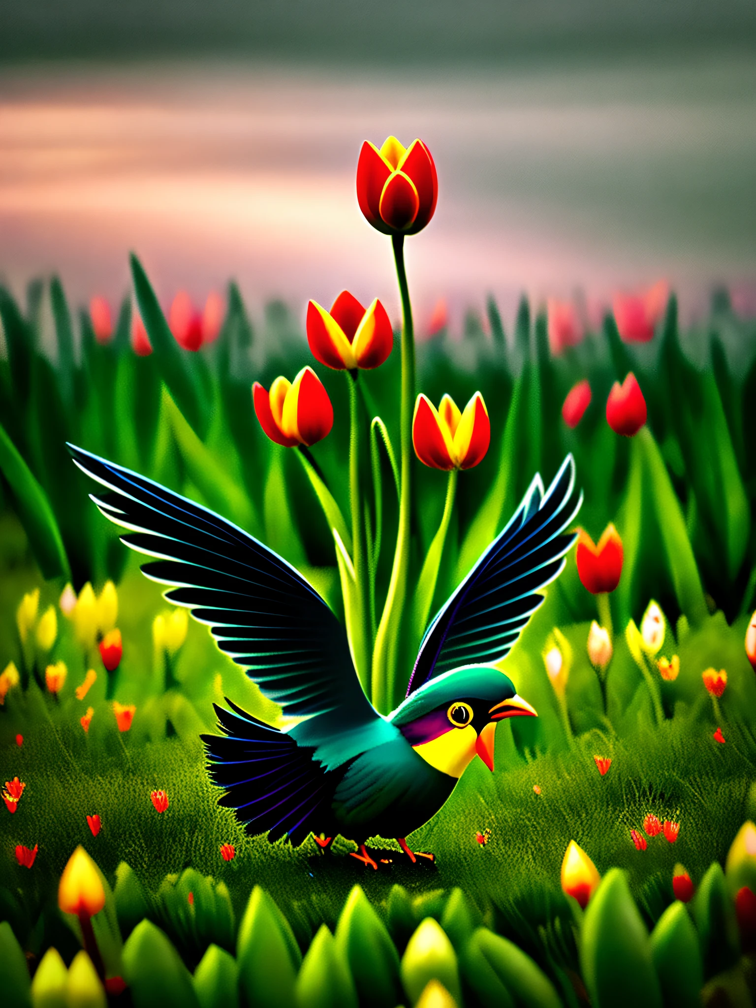((Evil birdTulips)), with razor-sharp eyes, sharp beak, and menacing claws, soaring through a grassy landscape in search of prey, with its wings glowing in the dark, as it prepares to strike.