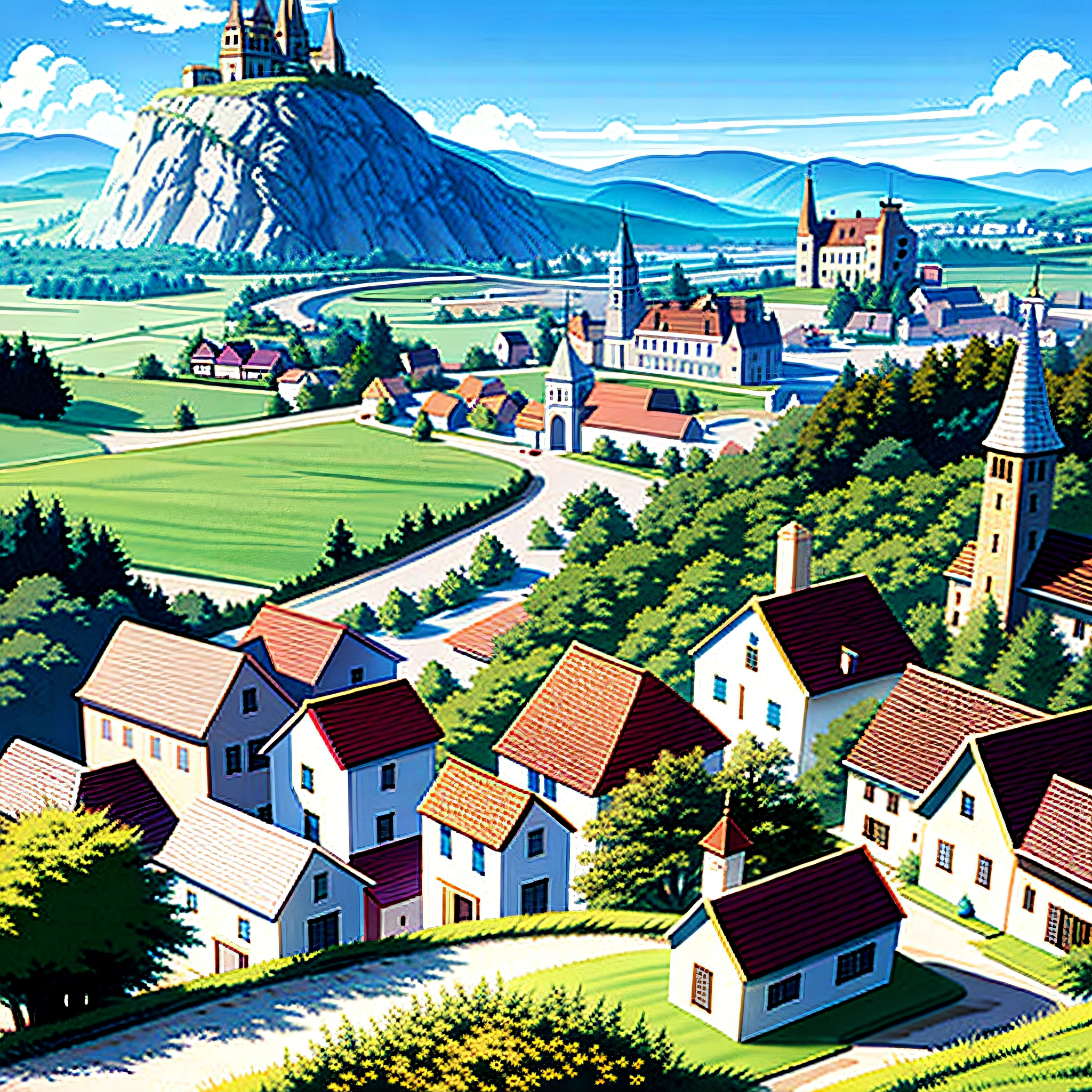 close-up of a small town on a hill with windmills, villages, unreal engines, medieval villages on plains, in-game visuals, french village exterior, whiterun In the style of Pixar, realism in the style of the game.  medieval coastal village, beautiful screenshot, small medieval village, chic shading, remote village background, town background, quaint village