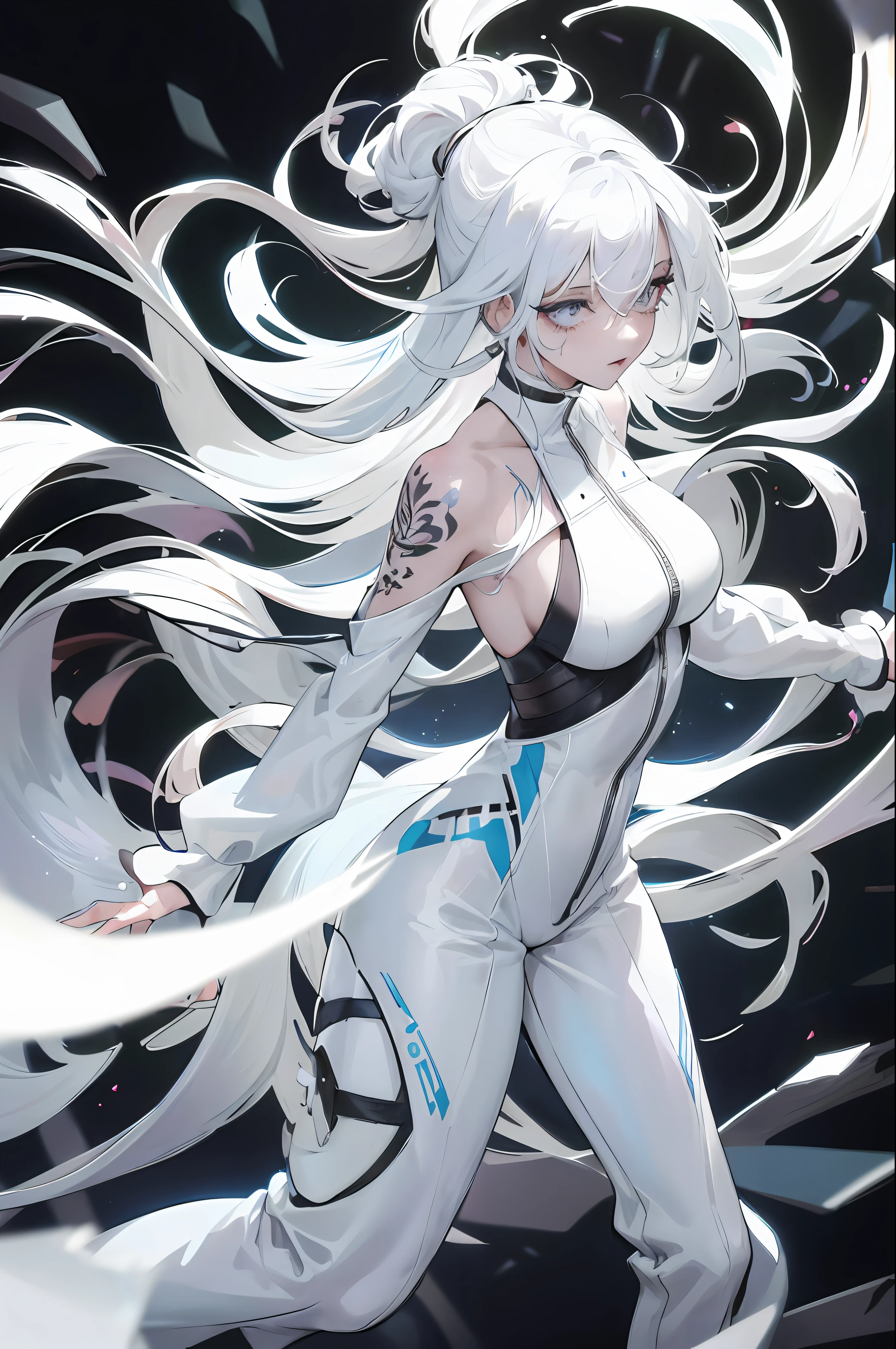 (best quality, stunning illustration), white-haired girl, tattoos on body, wearing a tight jumpsuit, dynamic pose, dark background, light effect, bright, blurry, cartoon style