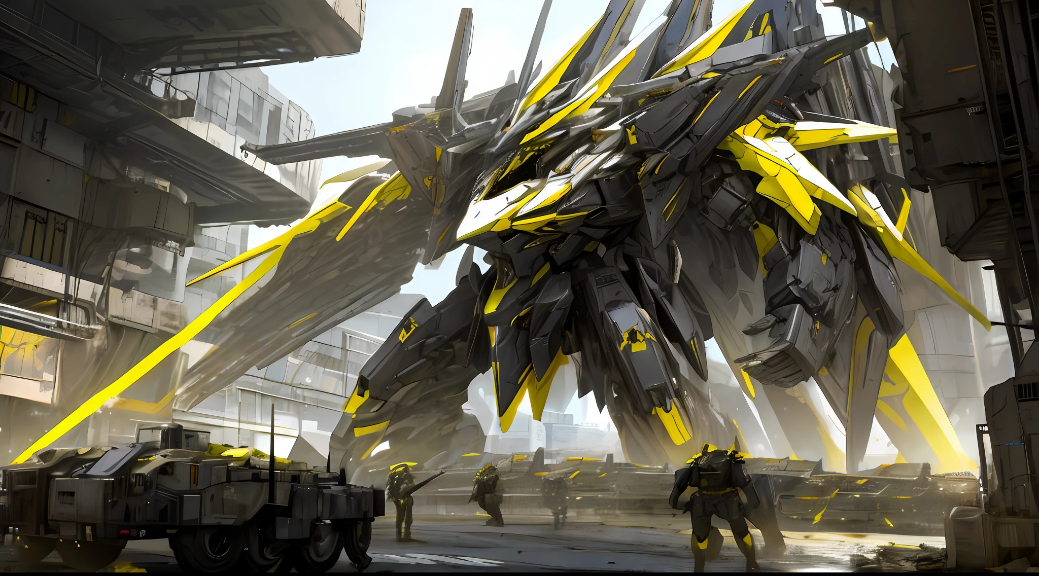 black and yellow, mecha war in a futuristic giant city