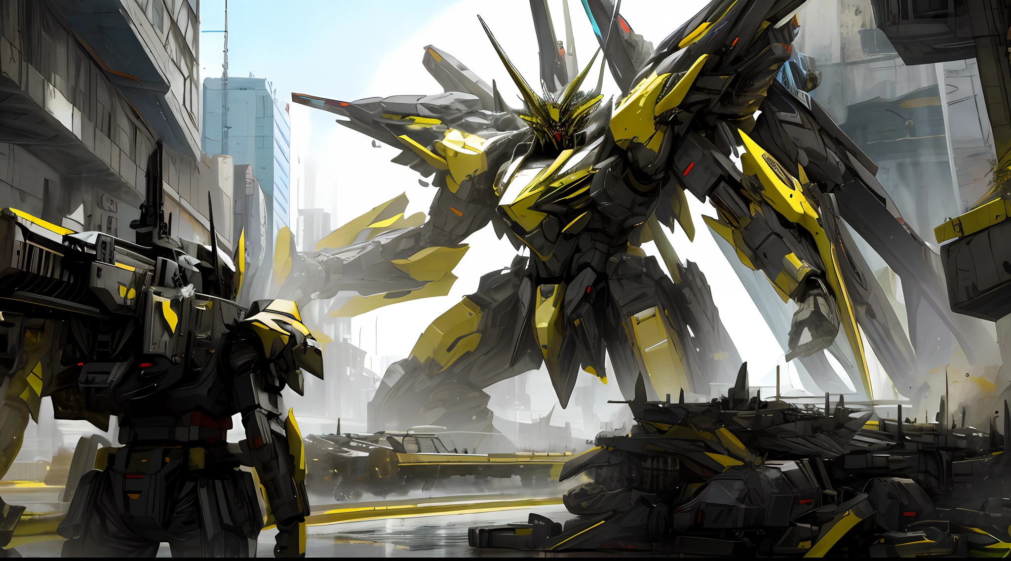 black and yellow, mecha war in a futuristic giant city