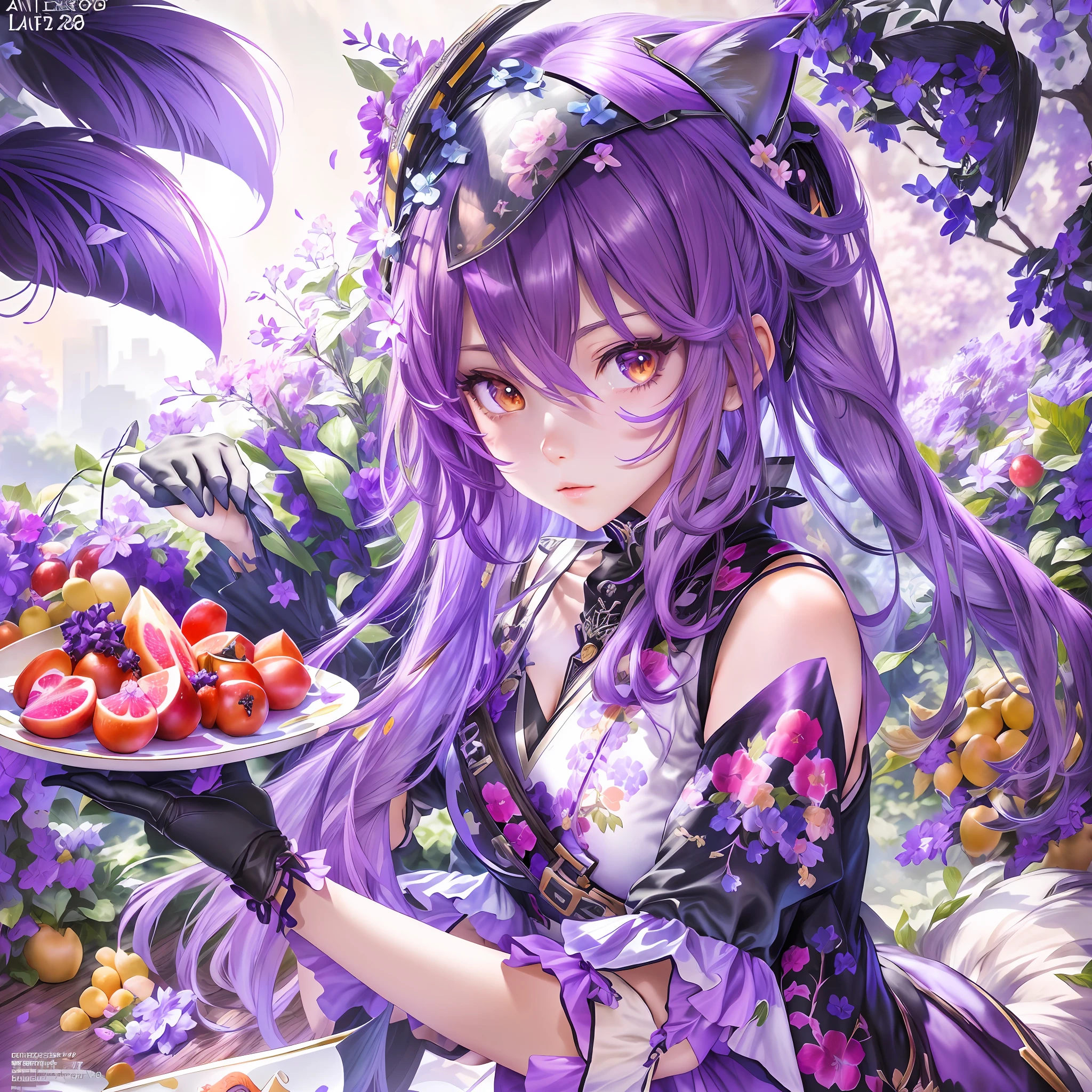 anime girl with purple hair holding a plate of fruit in a garden, official artwork, from arknights, high detailed official artwork, official art, , nightcore, detailed key anime art, 8k high quality detailed art, very beautiful anime cat girl, trending on artstation pixiv, detailed anime art, detailed digital anime art
