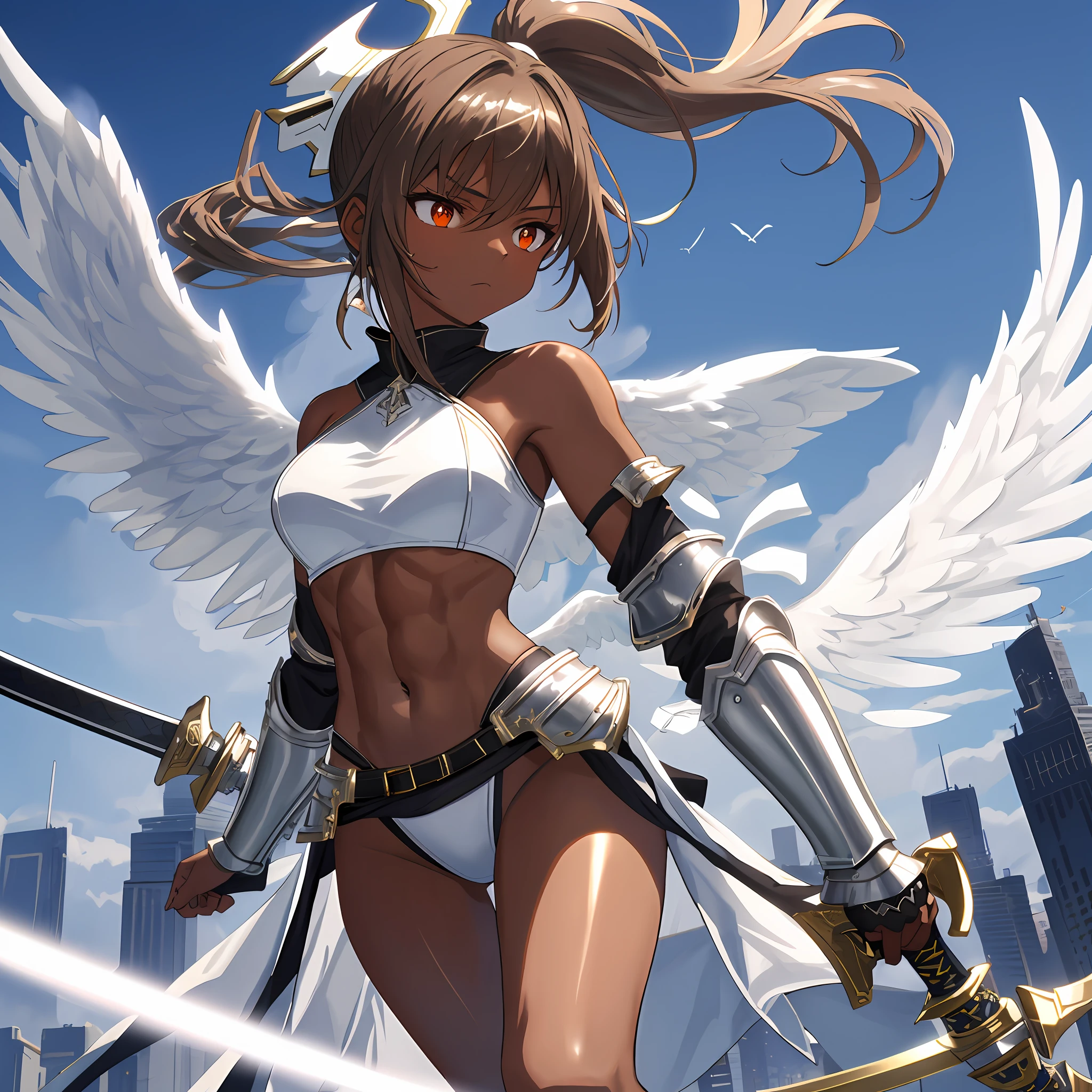 fantasy, 1angel_girl, low_, brown_hair, ponytail,long_bangs, (dark_skin)+, bare_shoulder, navel, thigh,silver_shiny_armor, white_clothes,waist_armor, grebe, hold_shiny_swords, medium_ breasts, angry, dynamic_pose_fighting,floating, (abs)0.8,(1pair_white_wings,pelvic_curtain)++, headgear ,city_sky_background,,slightly_spread_legs, multiple_shiny_swords_floating_ around_the_girl