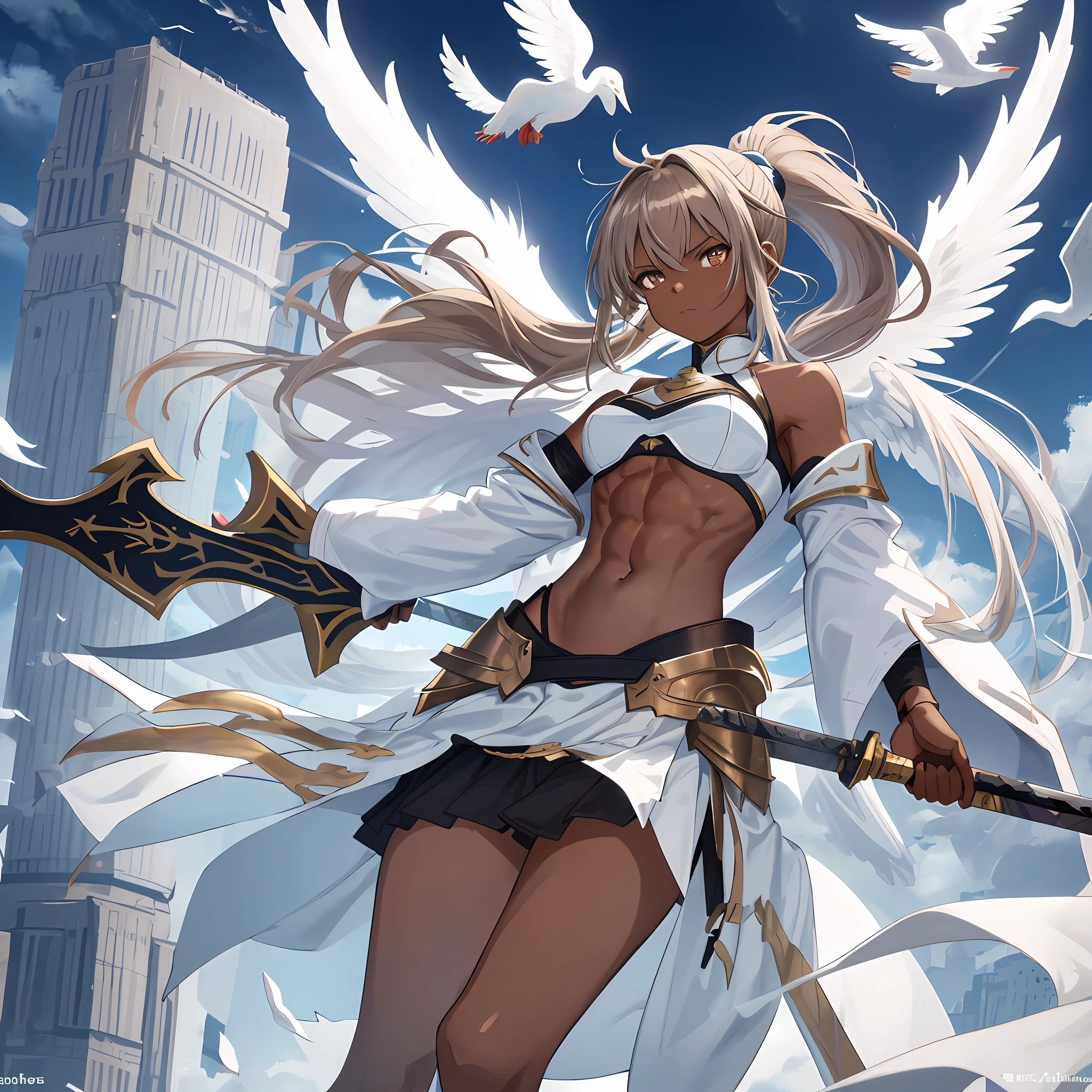 fantasy, 1angel_girl, low_, brown_hair, ponytail,long_bangs, (dark_skin)+, bare_shoulder, navel, thigh,silver_shiny_armor, white_clothes,waist_armor, grebe, hold_shiny_swords, medium_ breasts, angry, dynamic_pose_fighting,floating, (abs)0.8,(1pair_white_wings,pelvic_curtain)++, headgear ,city_sky_background,,slightly_spread_legs, multiple_shiny_swords_floating_ around_the_girl