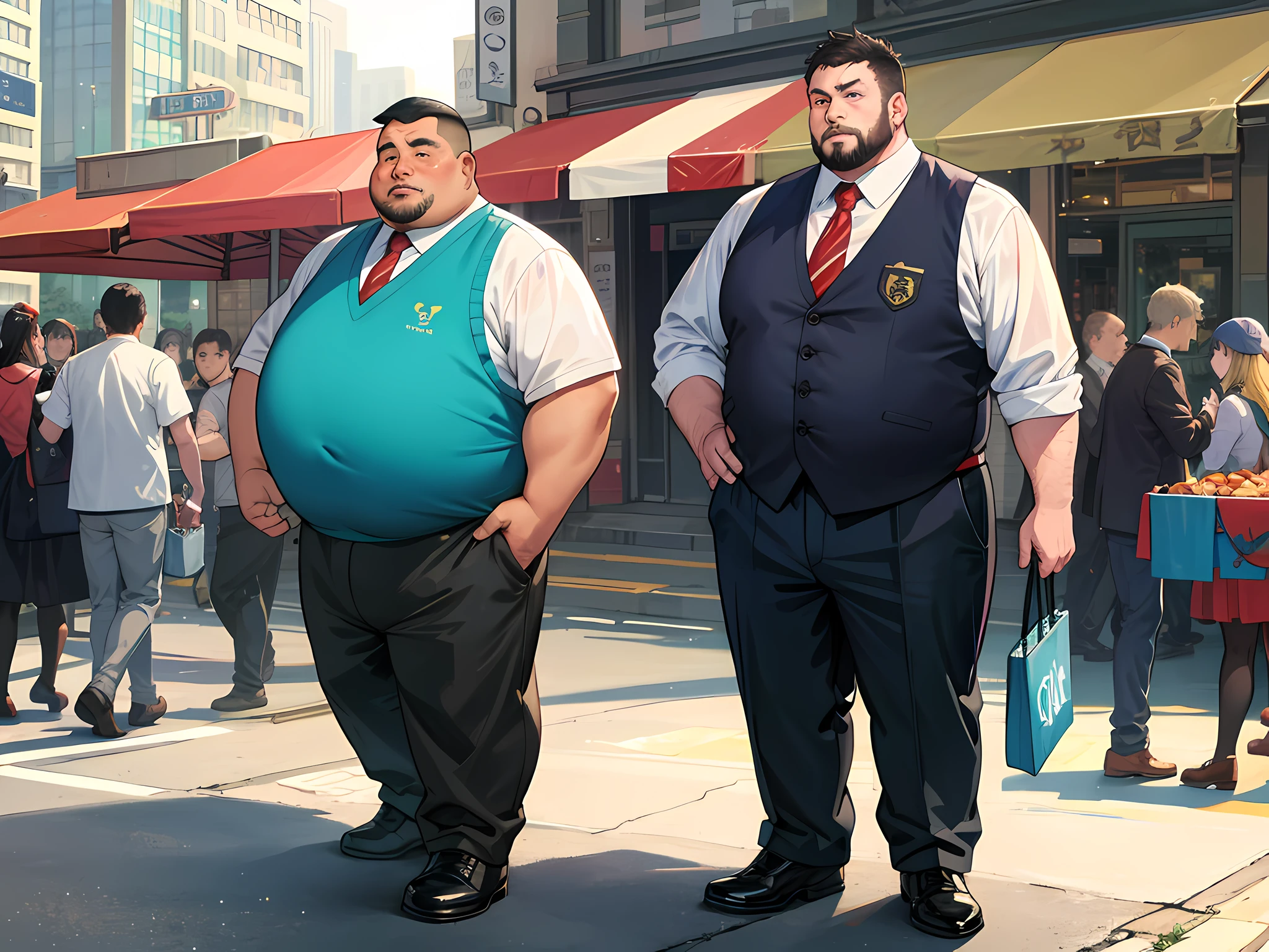 A man, ugly, thick-liped, fat, with a big belly, wearing a vest, standing on the street, the weather is sunny, there are many people on the street, many vendors on the street