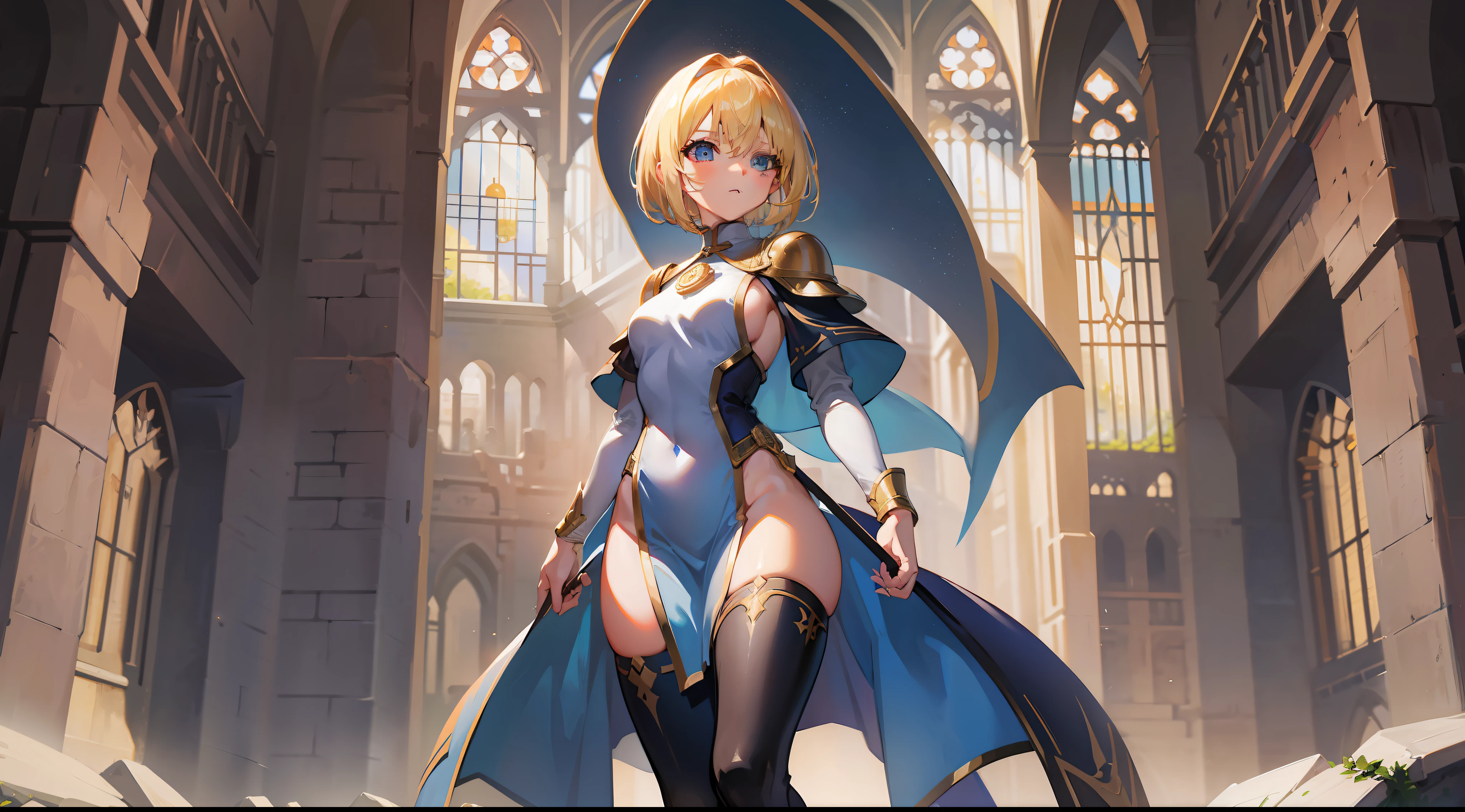 a girl, cleric, blonde, short hair, bright blue eyes, beautiful breasts, hair between eyes, bangs, full body, confident, heroic posture, fantasy, medieval, rays of sun