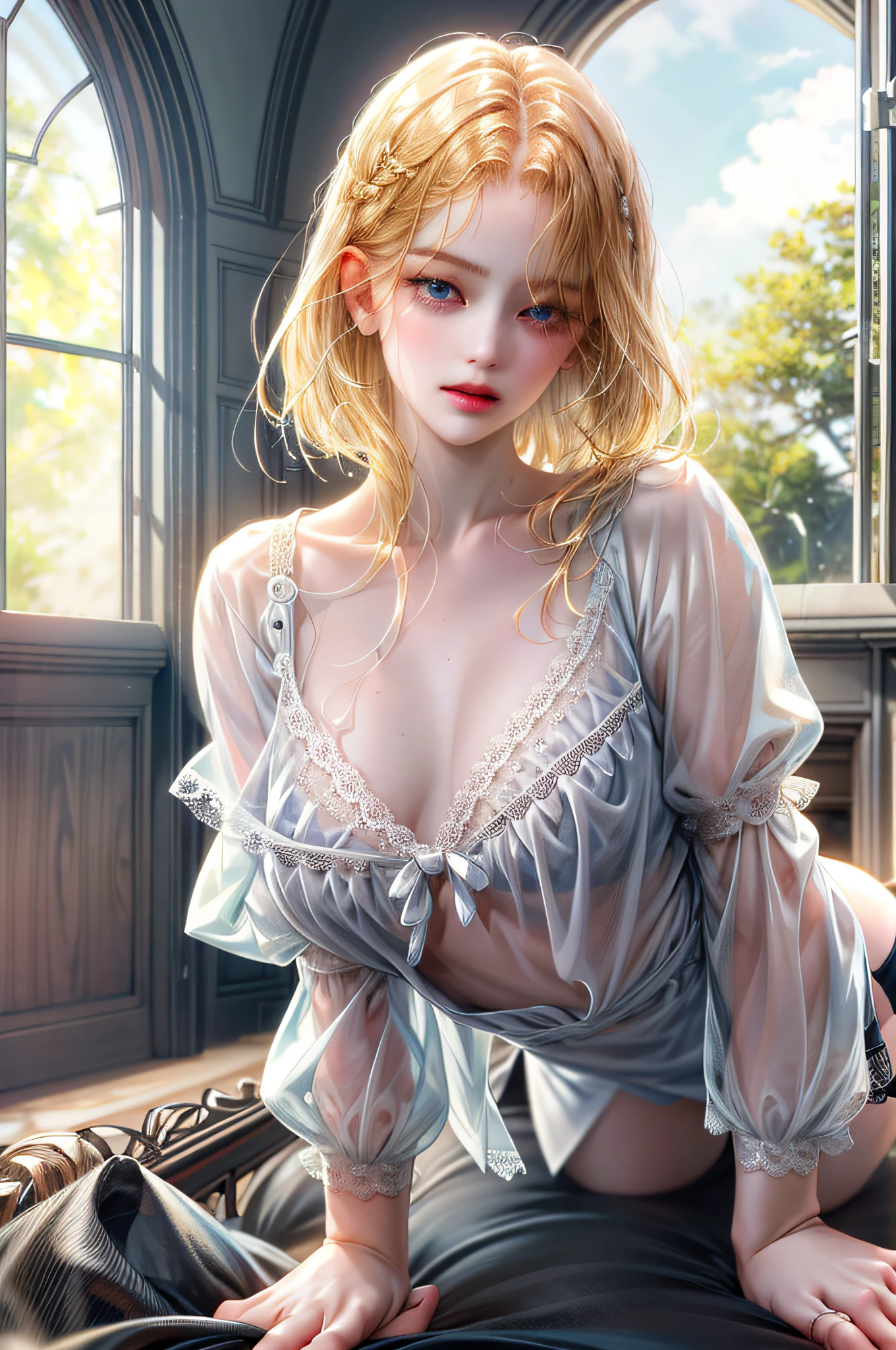 Girl with blonde hair and blue eyes, beautiful, thin ((white sheer blouse, black silk underwear)), underwear bite, sexy pose, lower body slender, back figure, gaze by the window, buttocks sticking out, on all fours, buttocks facing this side, hair short bob woman, (white sheer blouse)), no bra, underwear bite, sexy pose, lower body slender, behind the woman, there are windows showing various buildings in the city (absurdity, high resolution, super detail),
