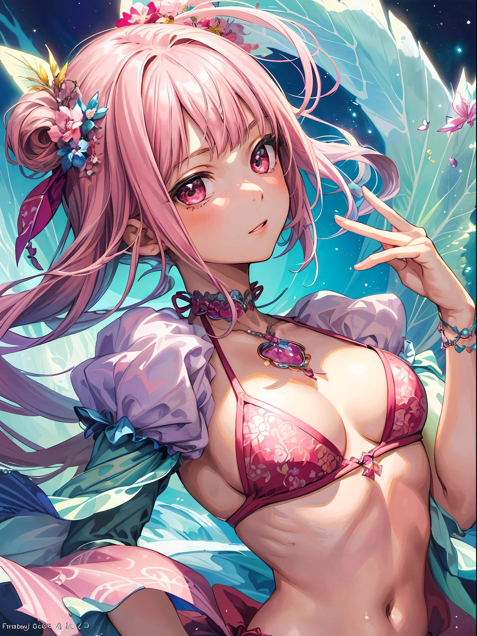 (Masterpiece, Top Quality, Best Quality, Official Art, Beautiful and Aesthetic: 1.2), (1 Girl), Very Detailed, (Fractal Art: 1.3), Colorful, Pink, Best Detailed, Close-up, Upper Body Focus, Fairy, Bikini, Naughty Girl,