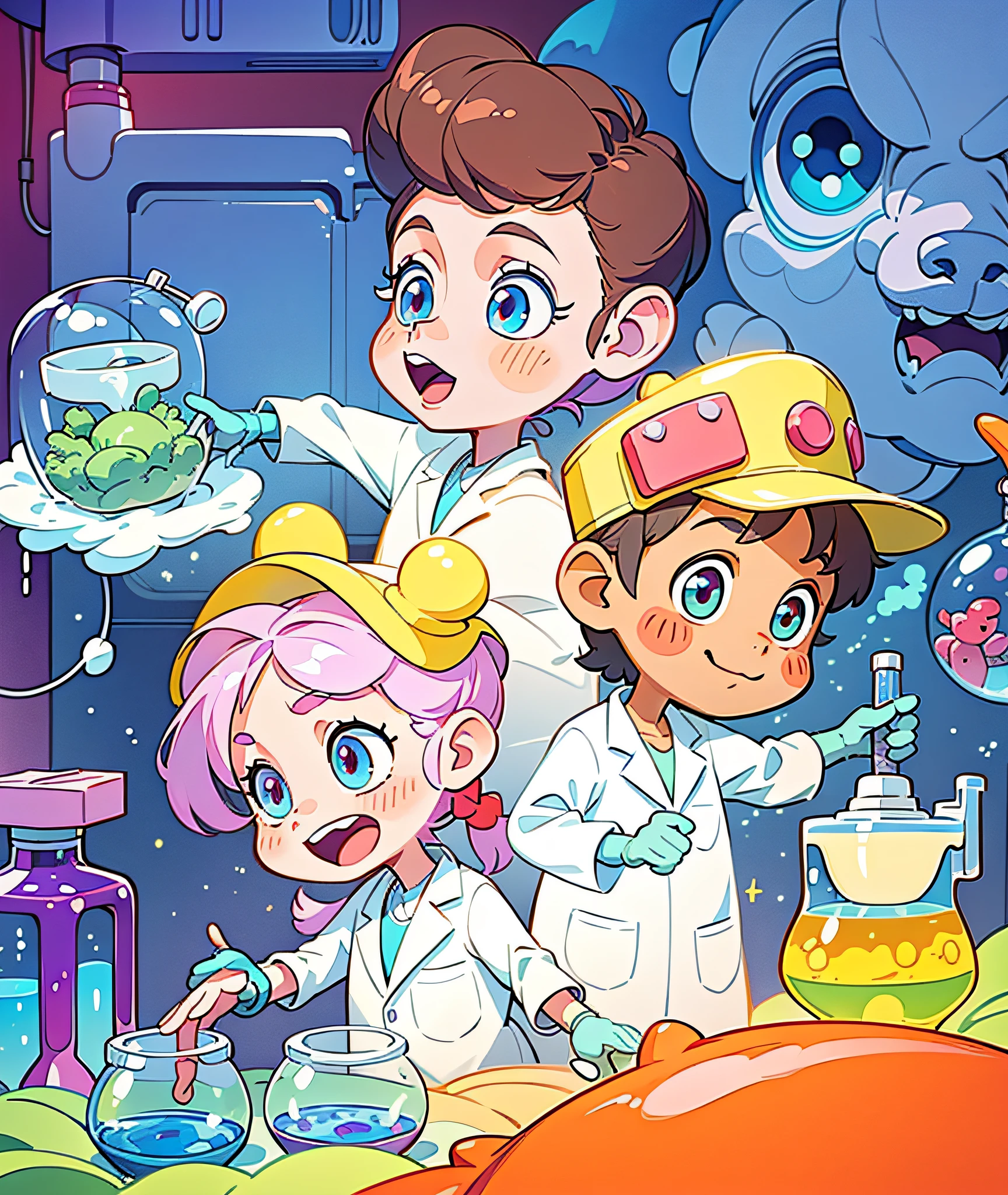 (two) cartoon image of child in lab coat happily looking at microscope, (looking at the audience), (eyes open), smiling, scientist, lab experiment, science lab, in laboratory, color children's book illustration, magic lab background, children's book illustration, working in her science lab, in lab, children's cartoon, in lab, secret lab, scientific research, happy, happy, perfect quality, clear focus (clutter-home: 0.8), (masterpiece: 1.2) (Realistic: 1.2) (Bokeh) (Best Quality) (Detailed Skin: 1.3) (Complex Details) (8K) (Detail Eyes) (Sharp Focus), (Happy)