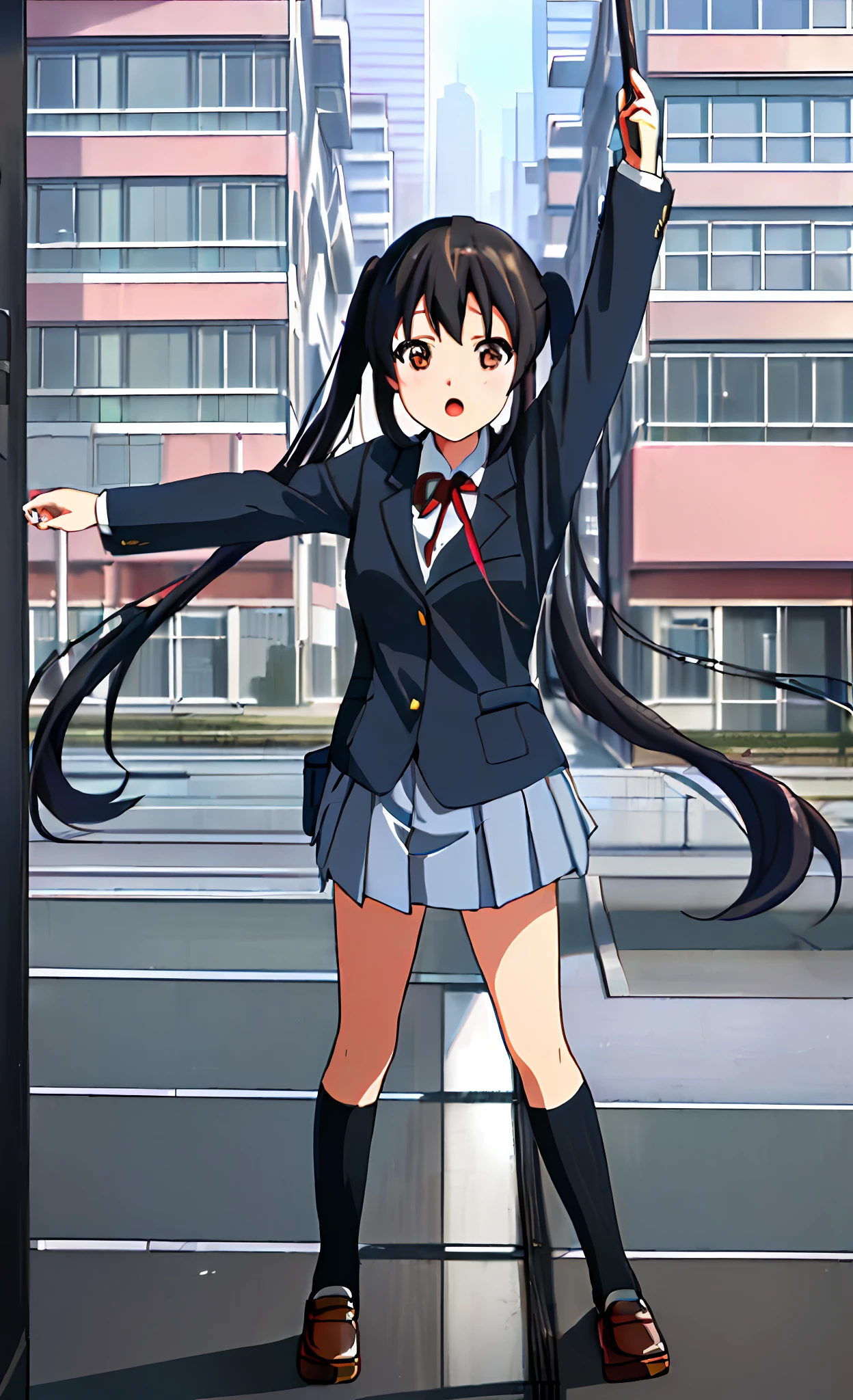 1girl, ((((Masterpiece))), Best Quality, Best Quality, High Detail, Azusa Nakano, 1girl, Sakuragaoka High School Uniform, Musical Instrument, School Uniform, Twin Tails, Long Hair, Black Hair, Brown Eyes, Solo, Red, Dark blue blazer with a thin ribbon of red, Solid white button shirt under blazer, Illustration, Cartoon, Soothing tones, Muted colors, Soft cinematic light, Adobe Lightroom, Photo Lab, HDR, complex and highly detailed, (((depth of field))))). (((Masterpiece))). (((highest quality))).) ((super detail))). (((Illustration))). (((Outside))). (((fighting stance))).,((((Giantization))).dynamic focus.small breasts. (((skyscrapers))). (((Cityscape))). (((Face of sadness))). Open mouth. Spread your arms, (((hands hold nothing))),