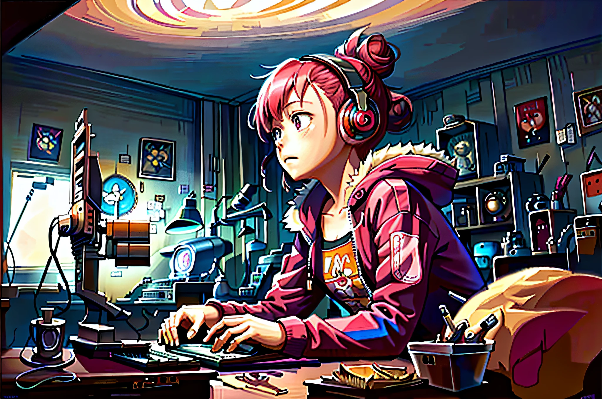 masterpiece,best illustration,solo,1girl,sitting,hair bun,pink hair,keyboard\(computer\),fur trim,computer,monitor,hood,jacket,food down,chair,headphones,citi,double pan,musical instrument,cyberpunk,small wooden toy,\(\(intricate details\)\),colorful details,iridescent BREAK,\(\(Masterpiece Highest Quality\)\),4k,Super Detail,Detail Lighting,\(\(Inspired by Hayao Miyazaki\)\)),Official Art,Promotional Art,Composition,