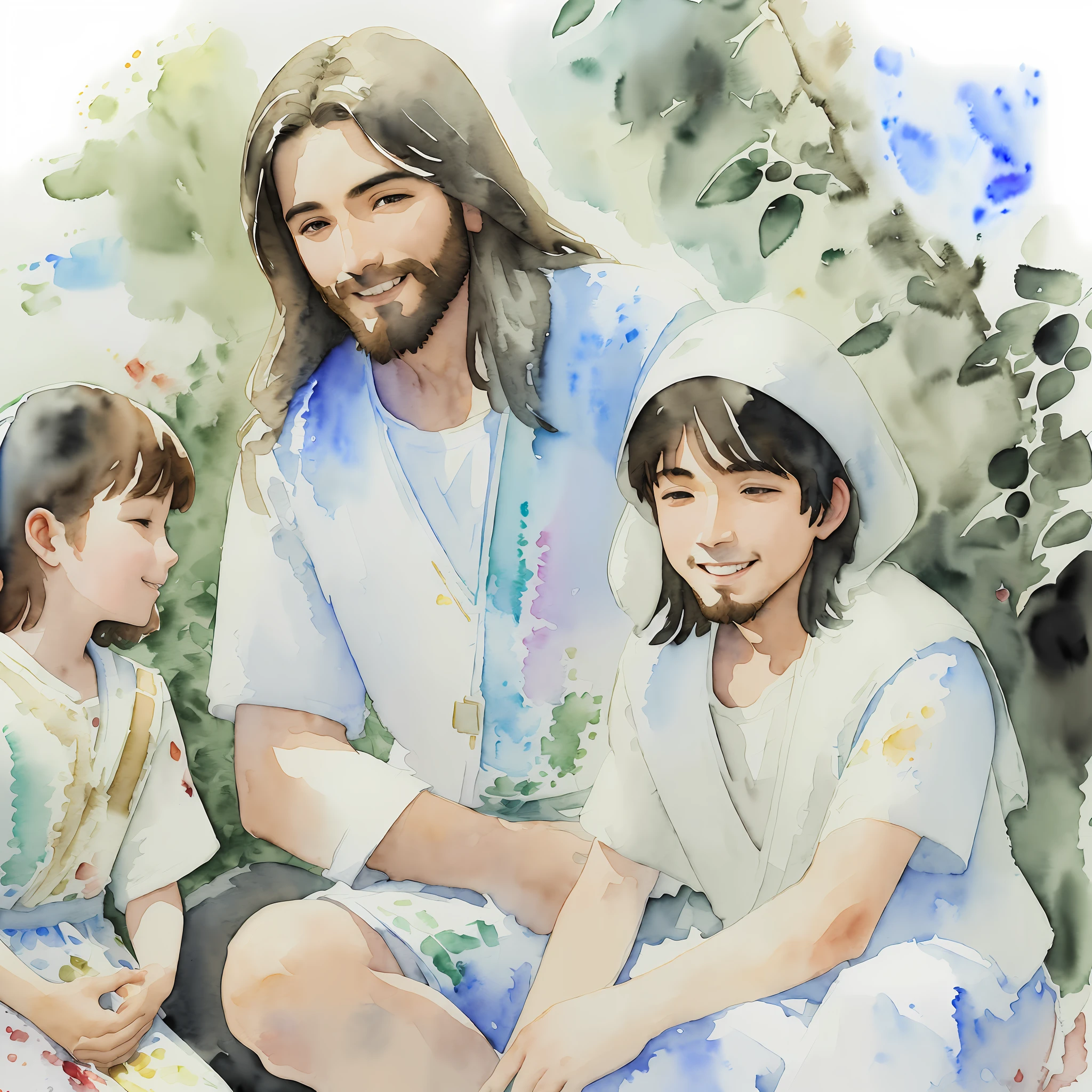 Jesus Christ (adult man) beautiful smiling (((biblico)), sitting on the floor of a garden, surrounded by children ((white, black and Asian)) admiring him (beautiful photograph inspiring and bringing peace) high quality of image and detail (((watercolor style))) --auto --s2