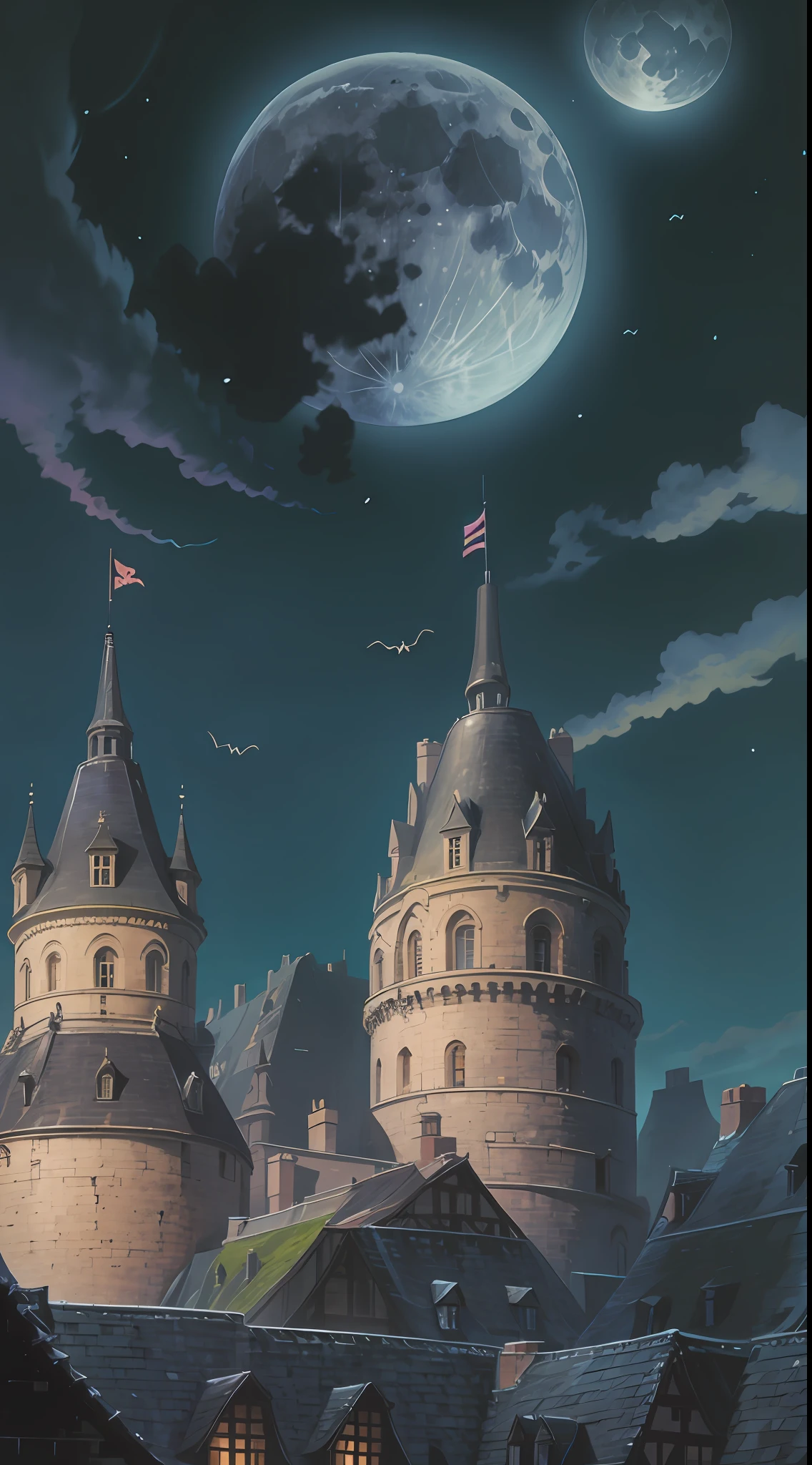 There is a full moon, a magnificent and large ancient castle, a castle with a mystical atmosphere, and bats flying. --auto --s2