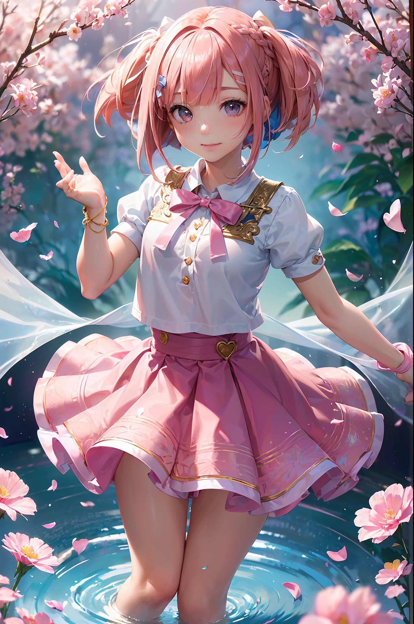 High resolution, ultra-detailed, ((((2D))), Japan person, 1 girl, -yeld hischool girl, (((pink hair)), intricate and beautiful braided hairstyle, pink school uniform, uniform by designer, short sleeves, pink skirt, ((((bob hair)))), dull bangs, finely detailed eyes, golden ratio face, 8 lifesels, sunlight, complex iridescent light grains, complex light reflection, beautiful petal shower, Background blue sky, transparency, hidden beauty, smile, depiction with depth, full body, full of energy, looking towards the viewer, fantastic depiction, complex attraction, tenderness overflowing from within, neon, (beautiful fine petals or dancing: 1.5), little skin exposure, dynamism, (carefully drawn hands, fingers), many flowers drawn, soft skin, heart ribbon, ( Maximalism: 1.3), beautiful hands like a model