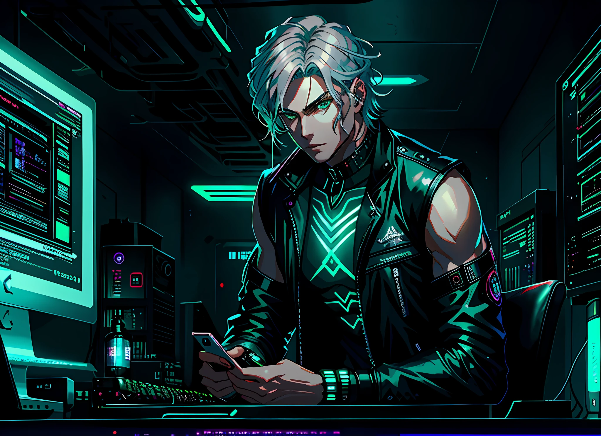 CG exquisite, master masterpiece, cyberpunk style, in a room, sitting in front of the computer, male protagonist: delicate facial features, obvious silhouette, handsome, big green eyes, silver hair, male god, holding a mobile phone, wearing a black vest