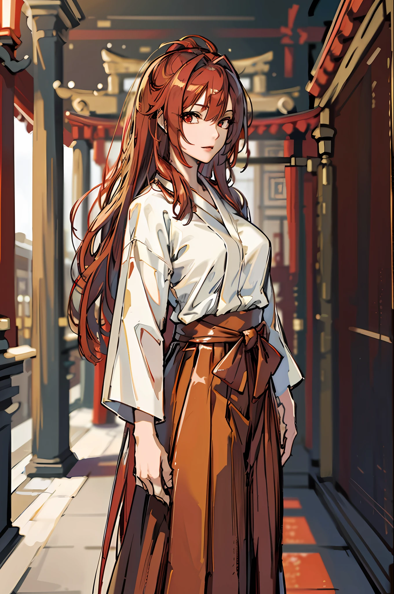 (masterpiece:1.2, best quality), (dinamic lighting) 1lady, solo, long hair, (hakama, red skirt), (torii, temple),