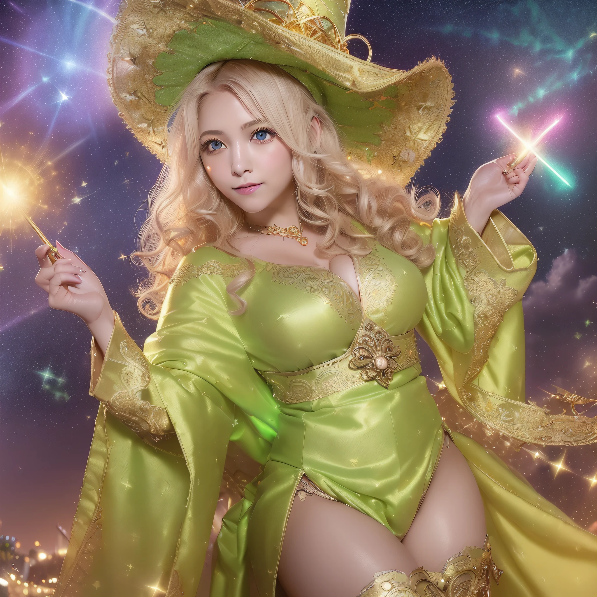 absurdres, highres, extreme detailed,
(1 girl), (medium breasts, voluptuous:1.4), (very gorgeous light green eyes:1.2), grin,
(very gorgeous face:1.3), (light blonde hair, medium hair, curly hair, hair intakes:1.4),
(Golden Witch Clothes and robe, golden hat, Jewelry Decoration, ornate decorations:1.4),
(stomach, highleg),
Palace, outdoor, (Starry sky, shooting stars, crowd, luminous particles, diffraction spikes:1.3),
(magic wand, Magic Effects, Dynamic Pose:1.4),
(cowboy shot, dutch angle, depth of field, blurry background:1.2),