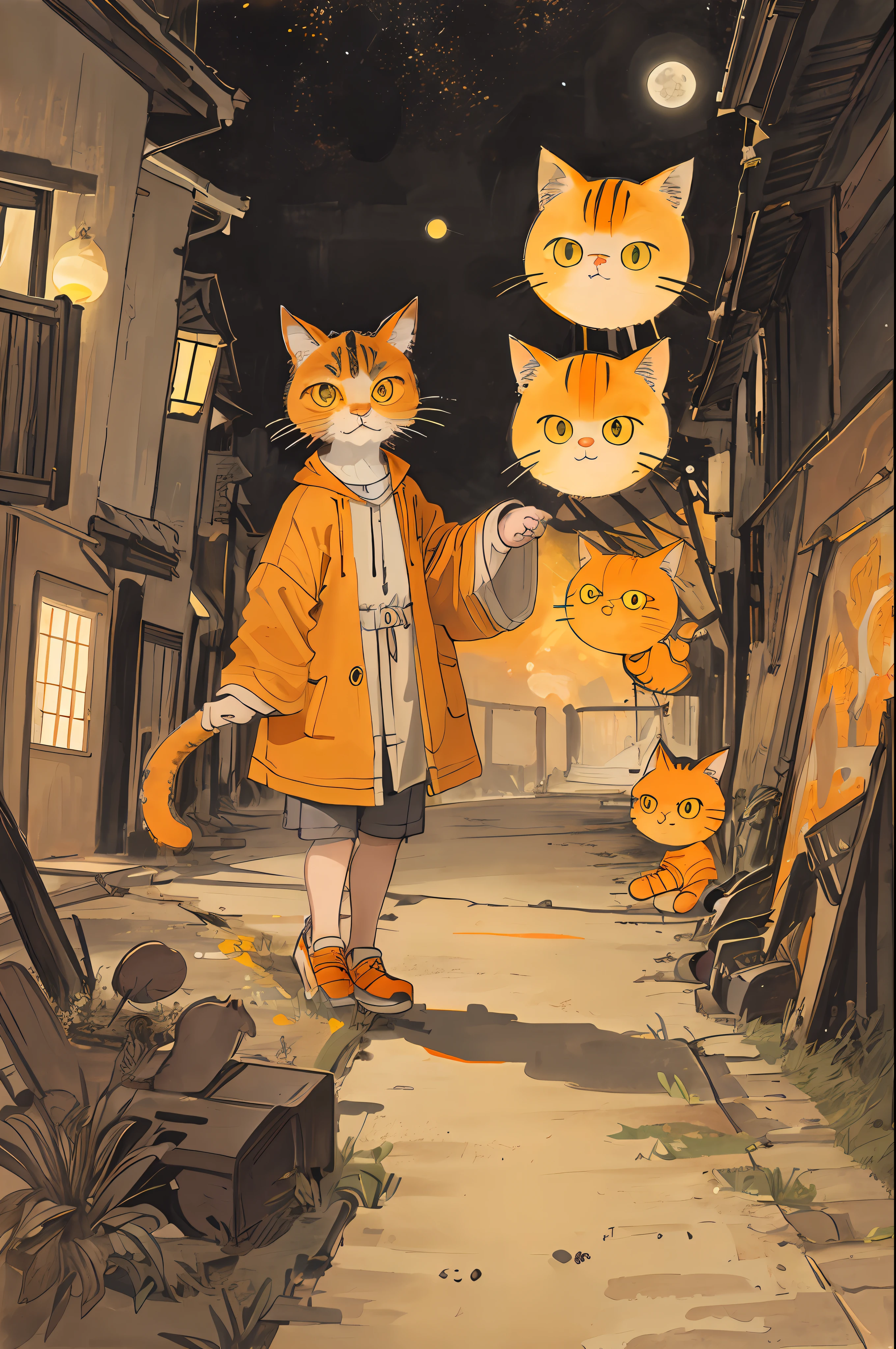 cat,orange,cute,big eyes,masterpiece,full moon,alley