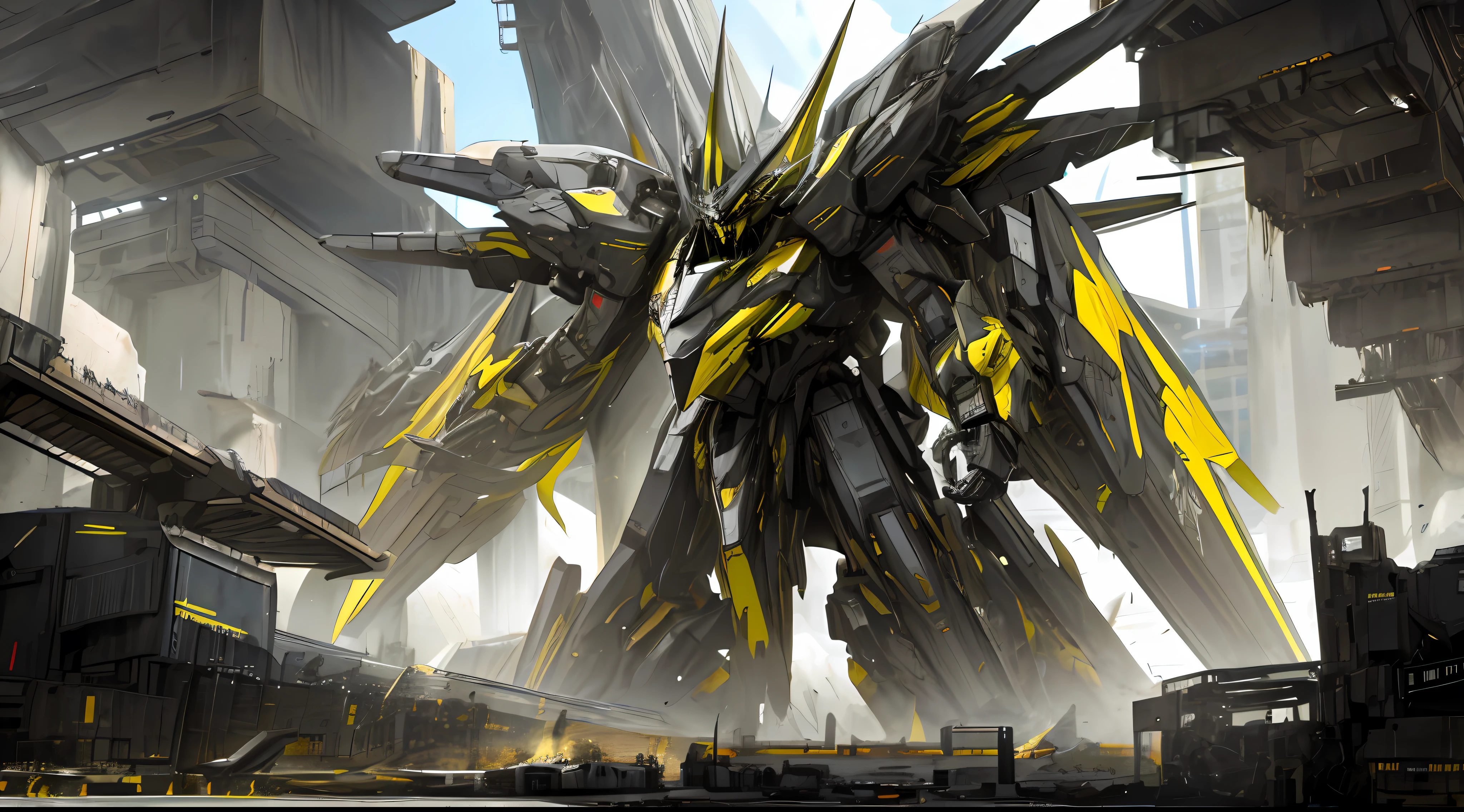 black and yellow, mecha war in a futuristic giant city