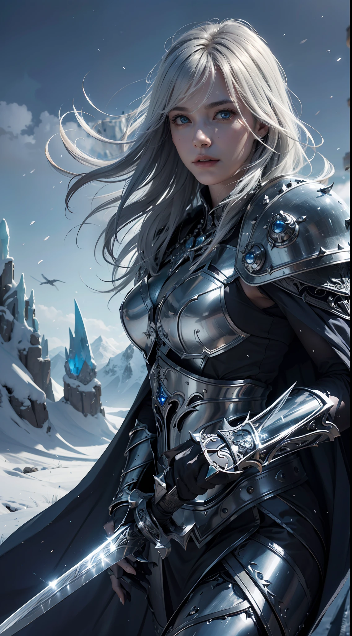 8k,ultra detailed, masterpiece, best quality, (extremely detailed), dynamic angle, Mysterious expression, wind effect, fantasy background, rim lighting, cinematic light, ultra high res, 8k uhd, film grain,best shadow, delicate, RAW, light particles, detailed skin texture, detailed armor texture, detailed face, intricate details, ultra detailed, bright, strong, silver armor, (holding sword), slashing, slash action, pauldrons, glowing eyes, long cape, fantasy, (realistic), shoulder armor, complex, intricate, perfect lighting, looking at viewer, cinematic lighting, flying in sky,flying, holy light, vivid, bangs, windy, frozen mountains, long white wavy hair, lich queen