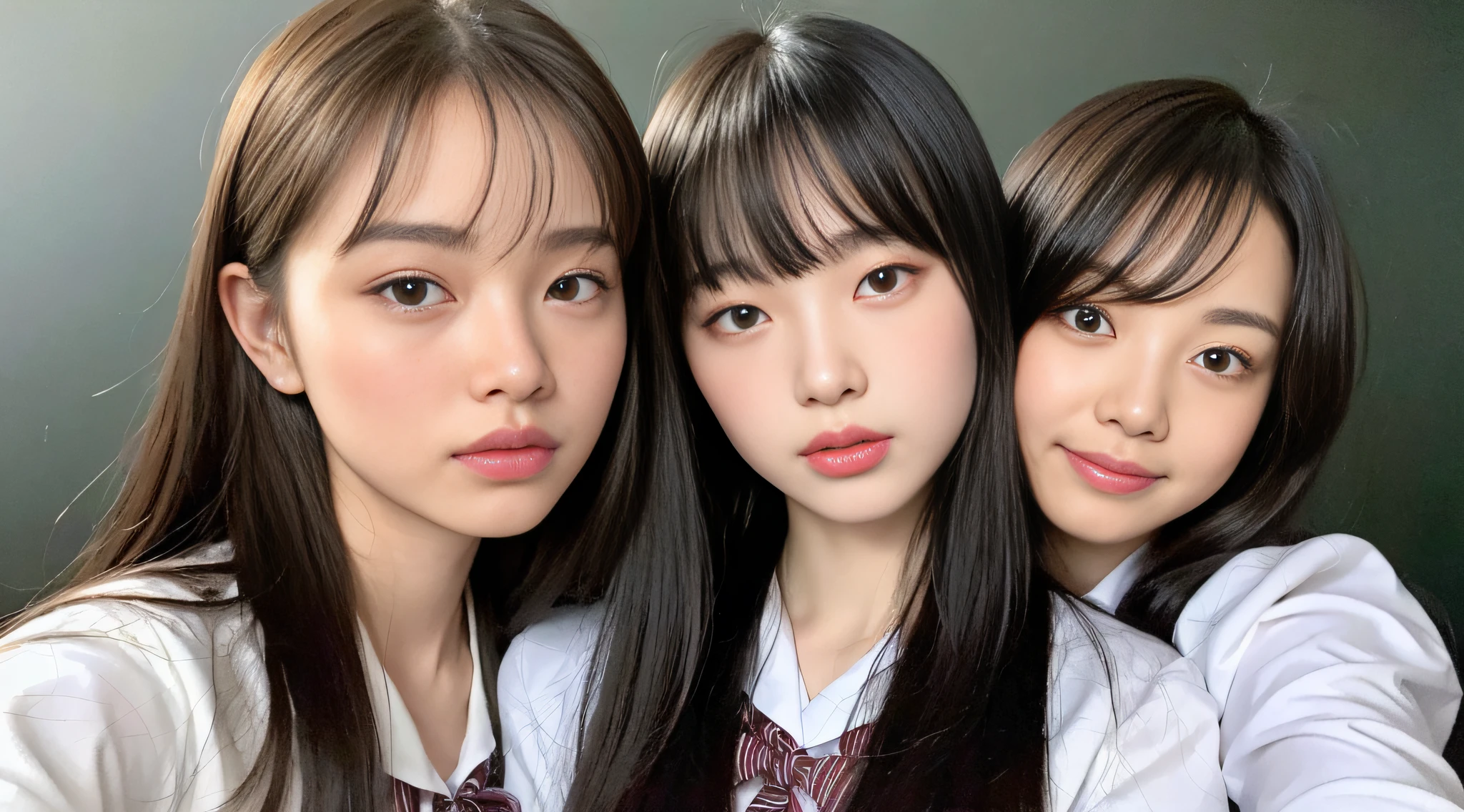(8k, RAW photo, top quality, masterpiece: 1.2), super detail, super resolution, (realistic, real photo: 1.37), portrait, high resolution RAW color photo, professional photo, very detailed and beautiful, school, school classroom, blackboard, blur background, focus on subject, perfect anatomy, very detailed beautiful girl, highly detailed face very detailed eyes, very realistic skin type, human skin typeHighly detailed fingers, Natural skin type, Very detailed fingers, Very detailed nose, Very detailed mouth, Perfect anatomy, Very detailed background,Very detailed clothes, Teen, Different hairstyle,Face full of personality,Emphasize individuality,Hair color full of personality、Cute girl,Famous Japan idol,, Realistic body, Slender, White skin, Radiant skin, Slim body, Long straight hair, (dull bangs:1.2), Realistic face, Delicate eyes, Double eyelids, Sailor suit, red ribbon schoolgirl friend smile fashionable uniform good friend hair fluttering in the wind, high school girl youth Celebrity level cuteness Multiple high school girls, camera gaze, boyfriend gaze, , kissing face, duck mouth, a little embarrassed, shiny lips, gloss, pink eye shadow, modern high school girl, modern makeup, trendy makeup, modern high school life, Today's high school students, today's high school classrooms, beautiful and stylish classrooms, everyone is taking classes,
