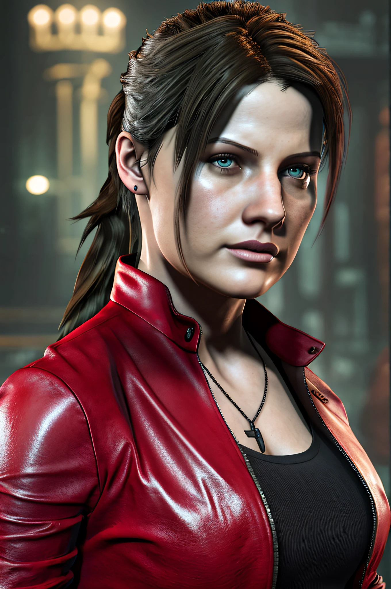 Claire redfield (Resident Evil 2), young beautiful face, best quality, masterpiece, wearing black tank top, bright red long sleeves leather jacket outside, pony tail hair tie, dark brown hair color, long hair, breast, dark streets in the background, night, dark atmosphere, depth of field, soft american girl face, detailed face, high resolution, super realistic